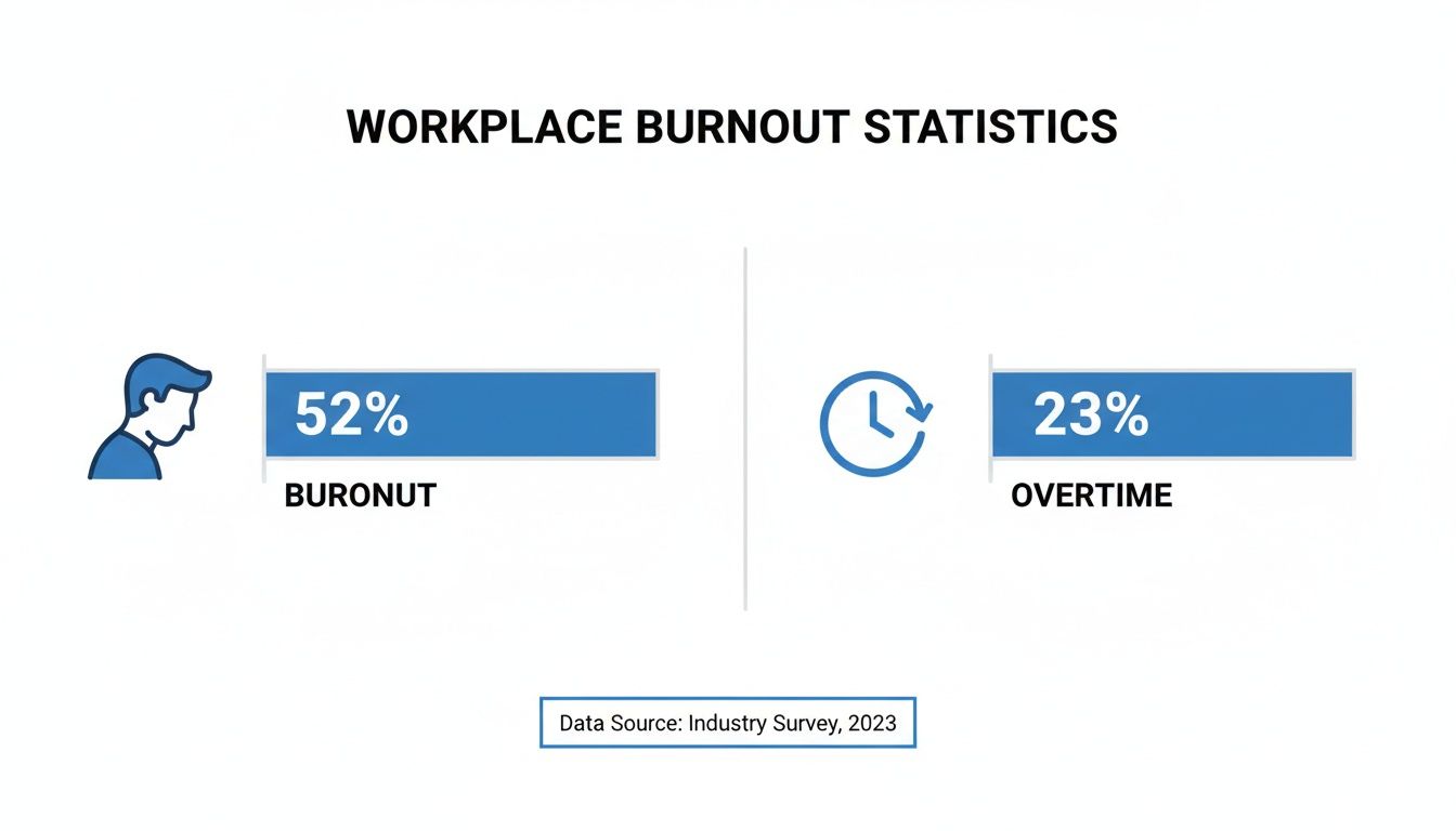 A bar chart illustrating workplace burnout statistics: 52% experience burnout and 23% work overtime.
