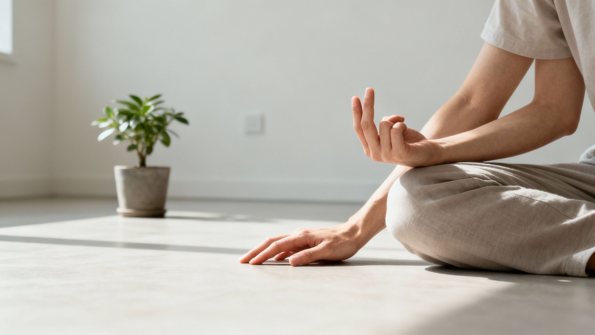 A person practicing a calming grounding technique in a natural setting.