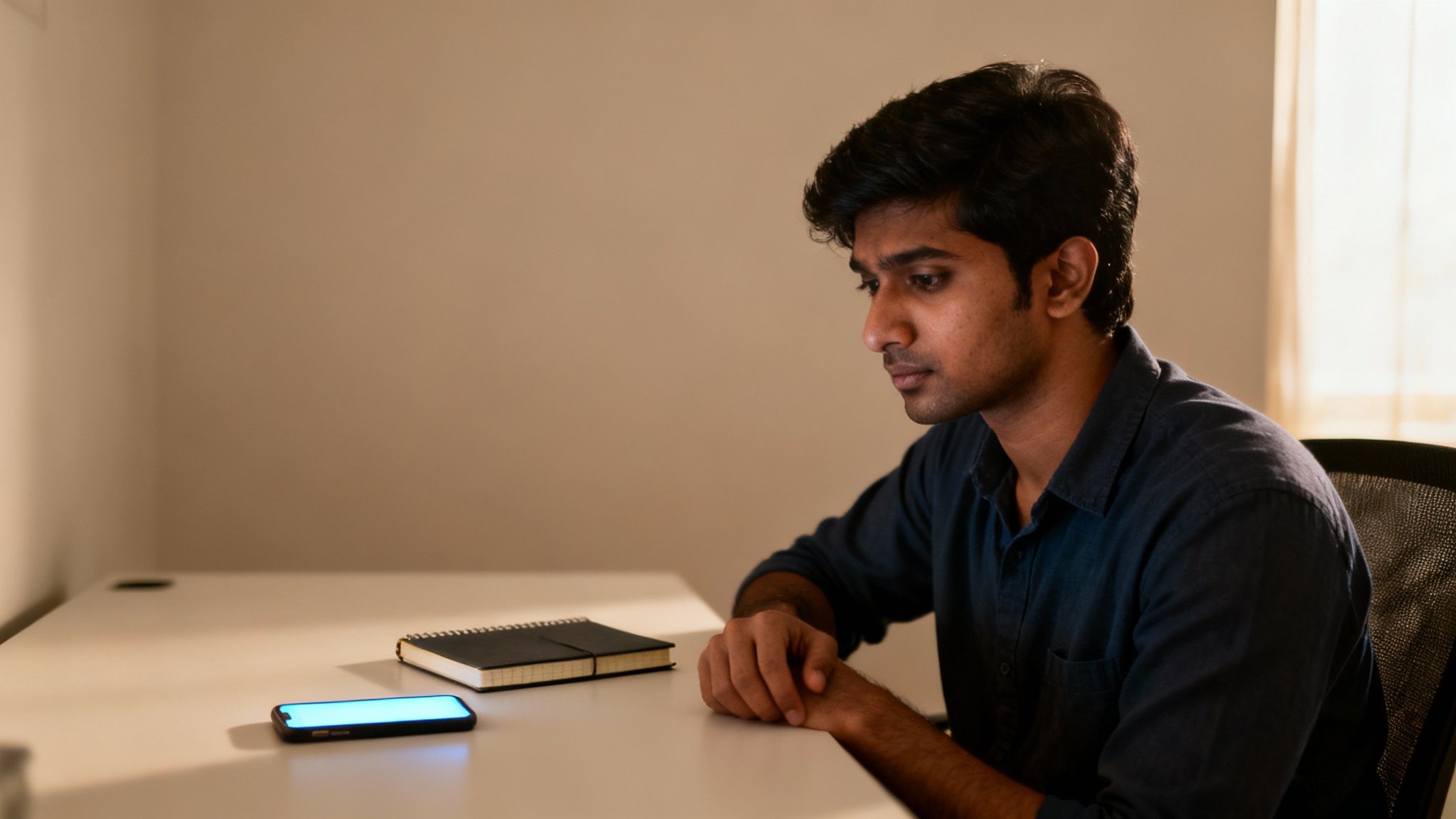 Young man sitting at a desk, looking intently at his glowing smartphone with a notebook nearby.