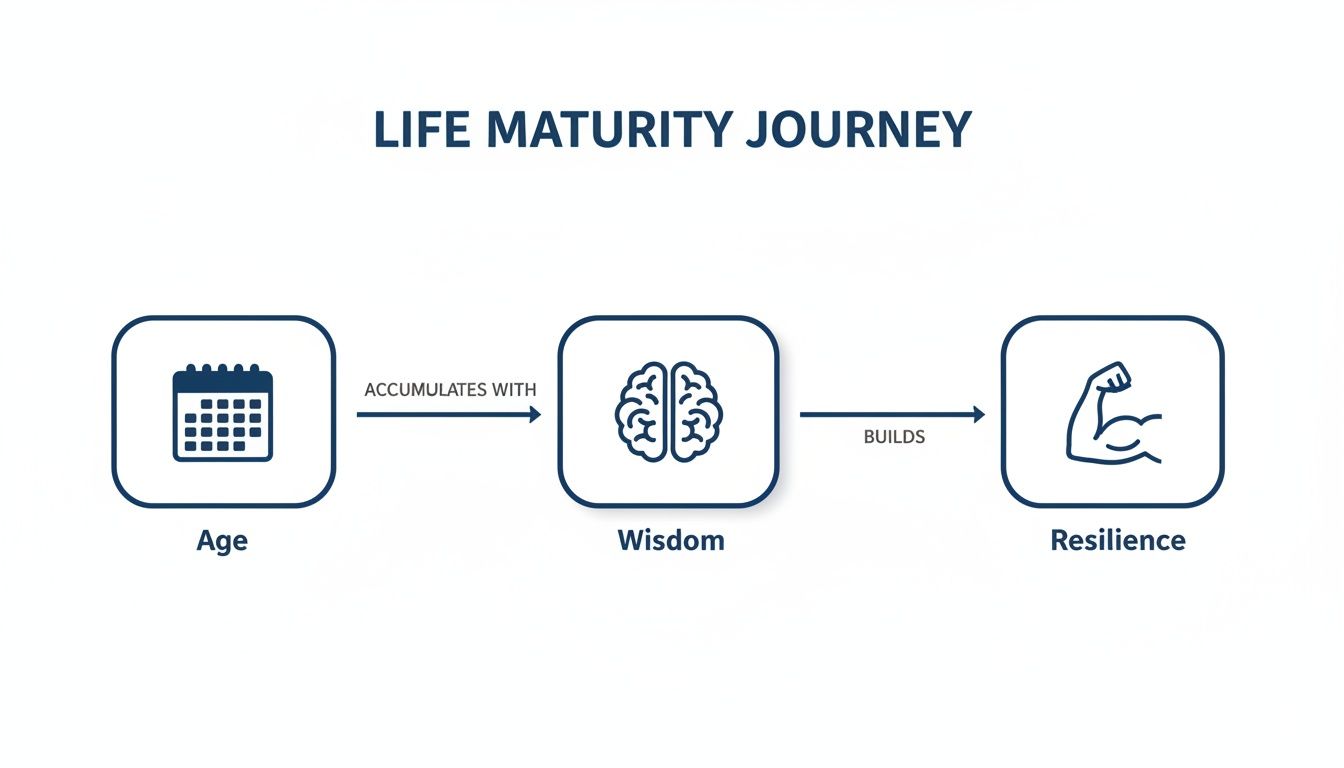 A diagram illustrating the Life Maturity Journey: Age accumulates with Wisdom, which builds Resilience.