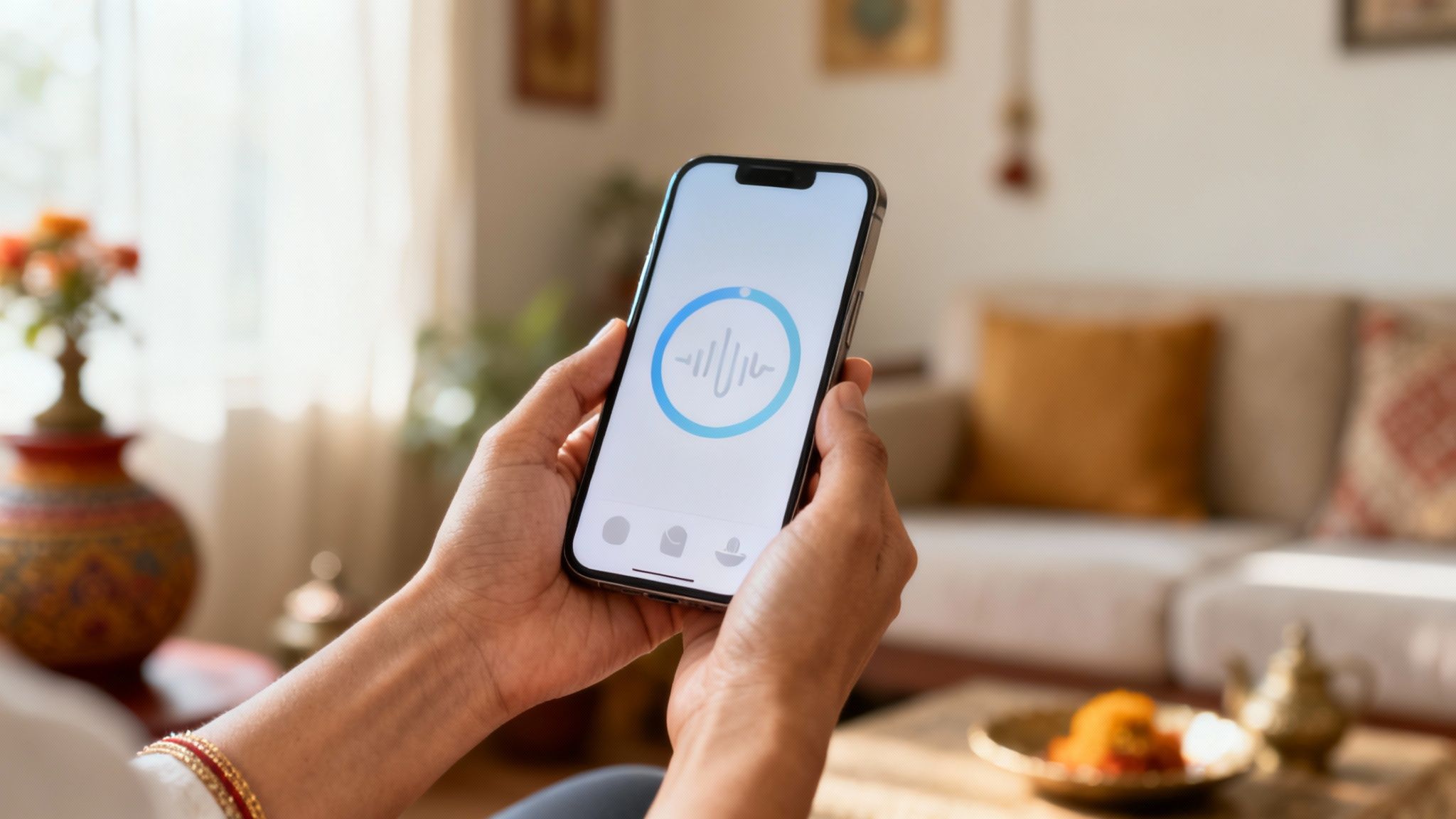 Close-up of hands holding a smartphone displaying a voice recorder app with sound waves in a home setting.