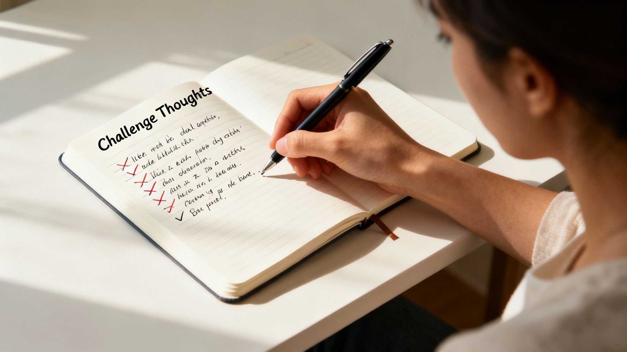 A person looking at their own reflection in a puddle, symbolizing self-reflection and changing one's perspective on their thoughts.