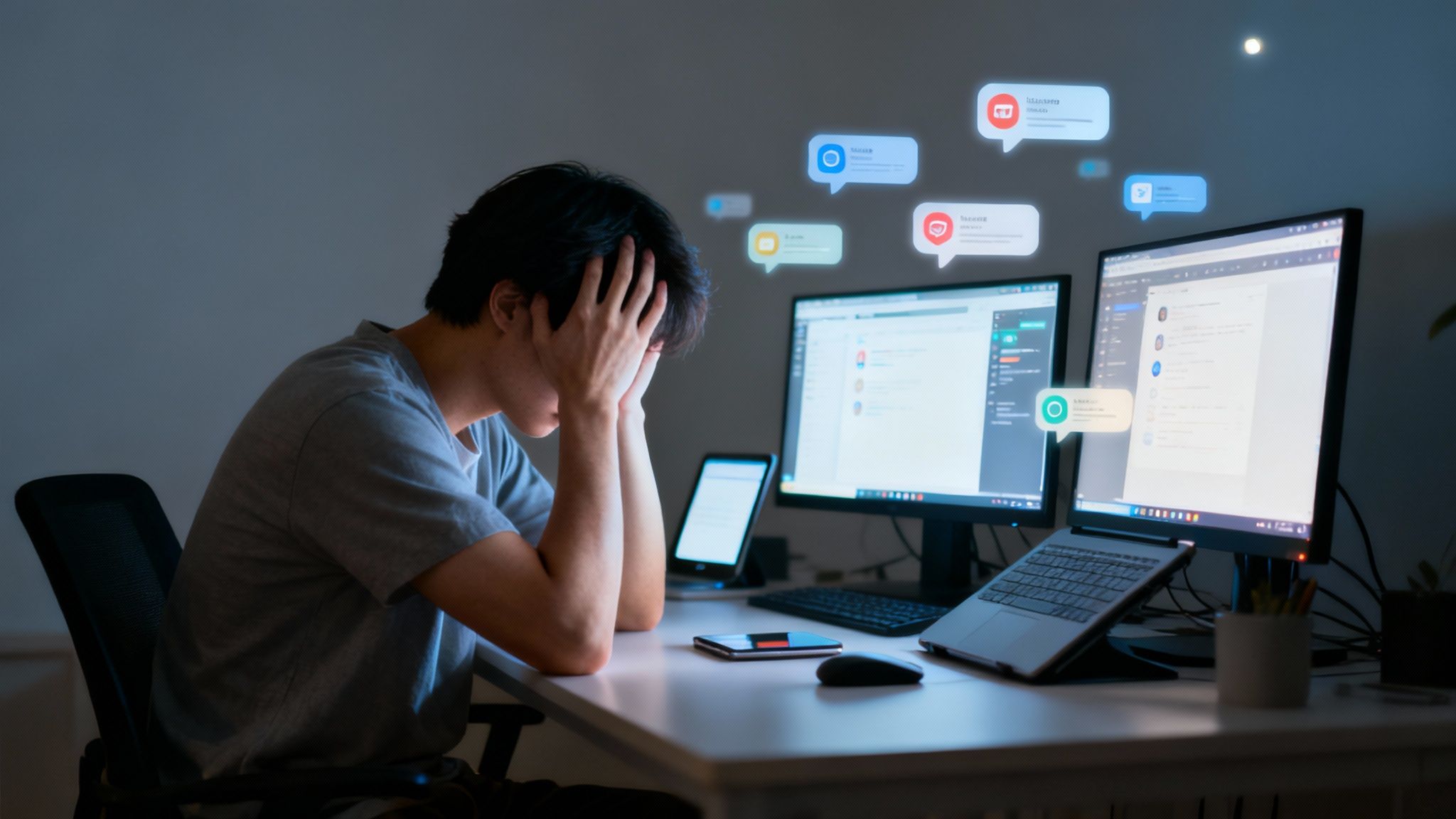 A person sitting in a dimly lit room, illuminated only by the glow of their smartphone screen, looking tired and disconnected.