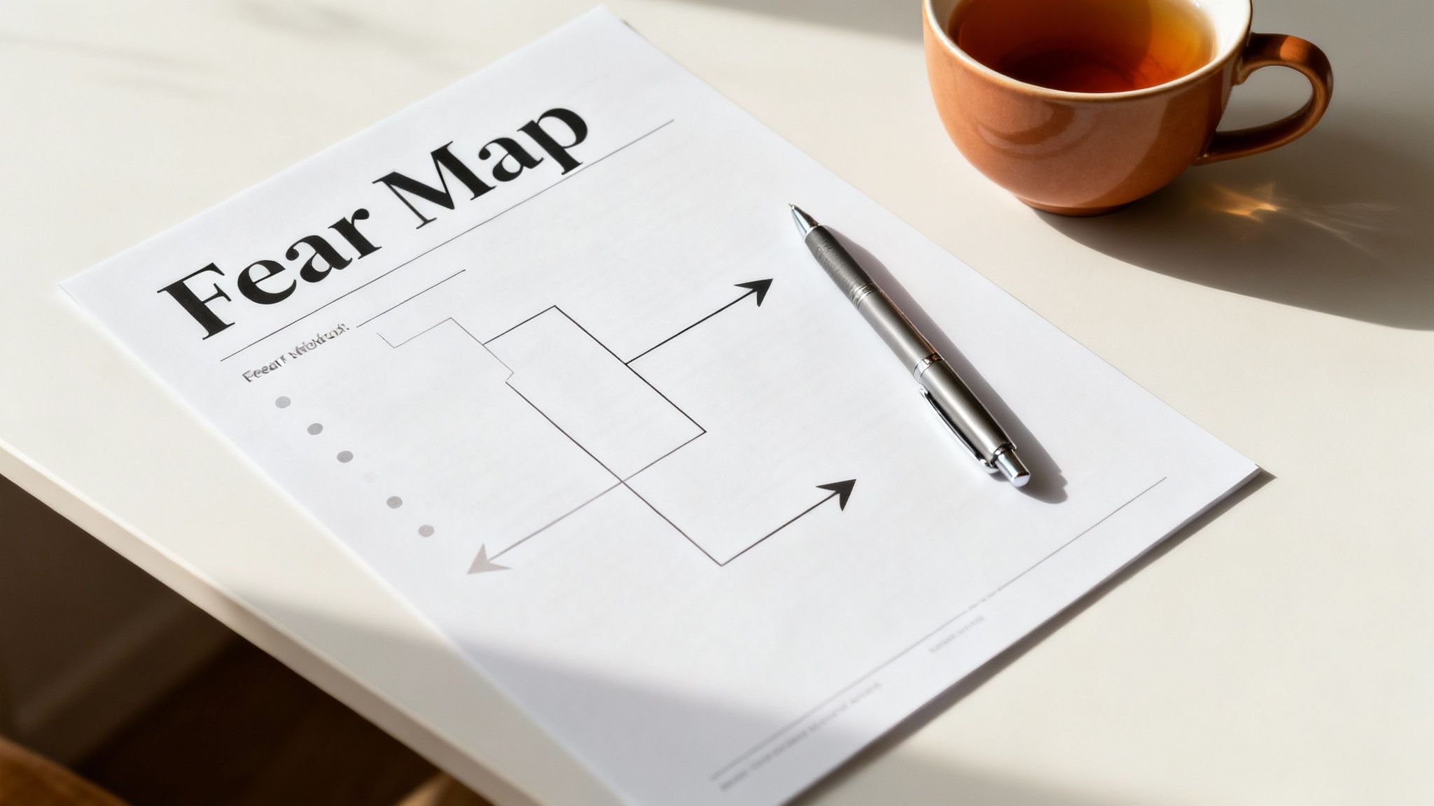 A 'Fear Map' document, pen, and a cup of tea on a desk for self-reflection.