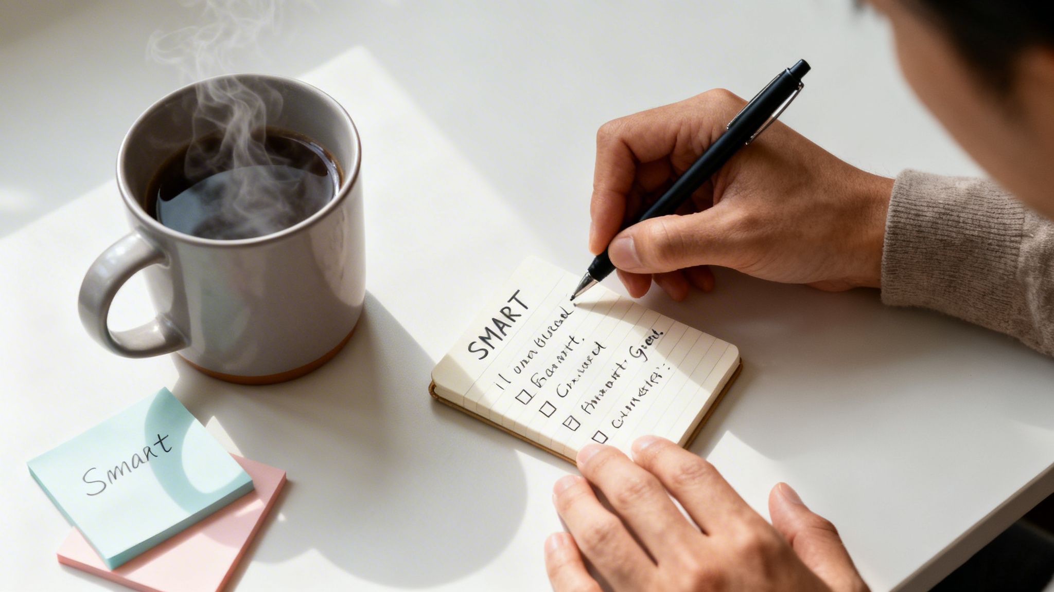 A person diligently writes 'SMART' goals on a notepad beside a steaming coffee mug.