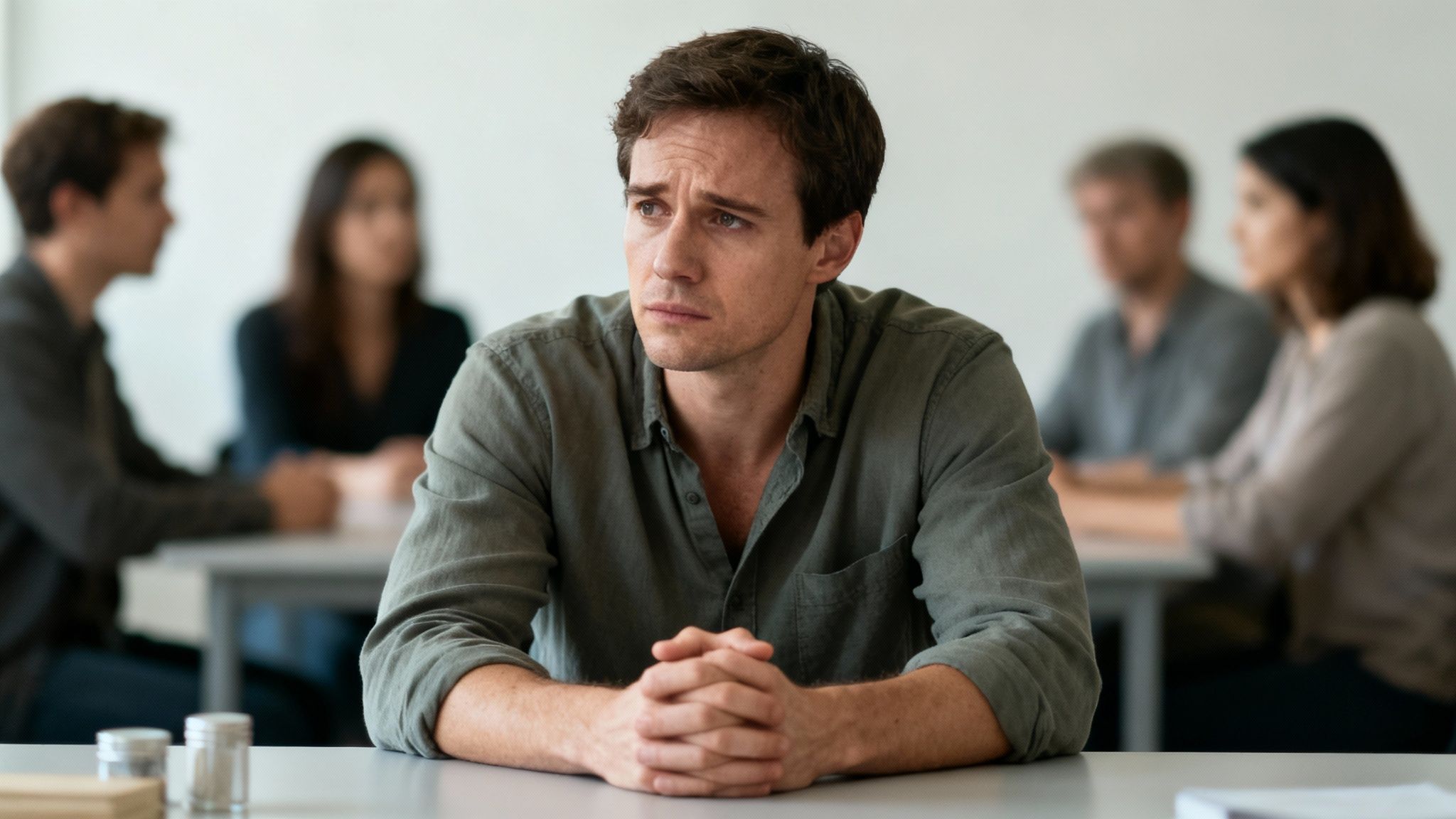 A worried man with clasped hands sits at a table in a group therapy session.