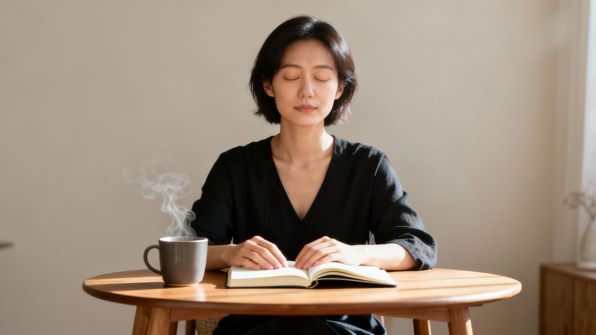 A person sitting calmly and reflecting in a peaceful setting.