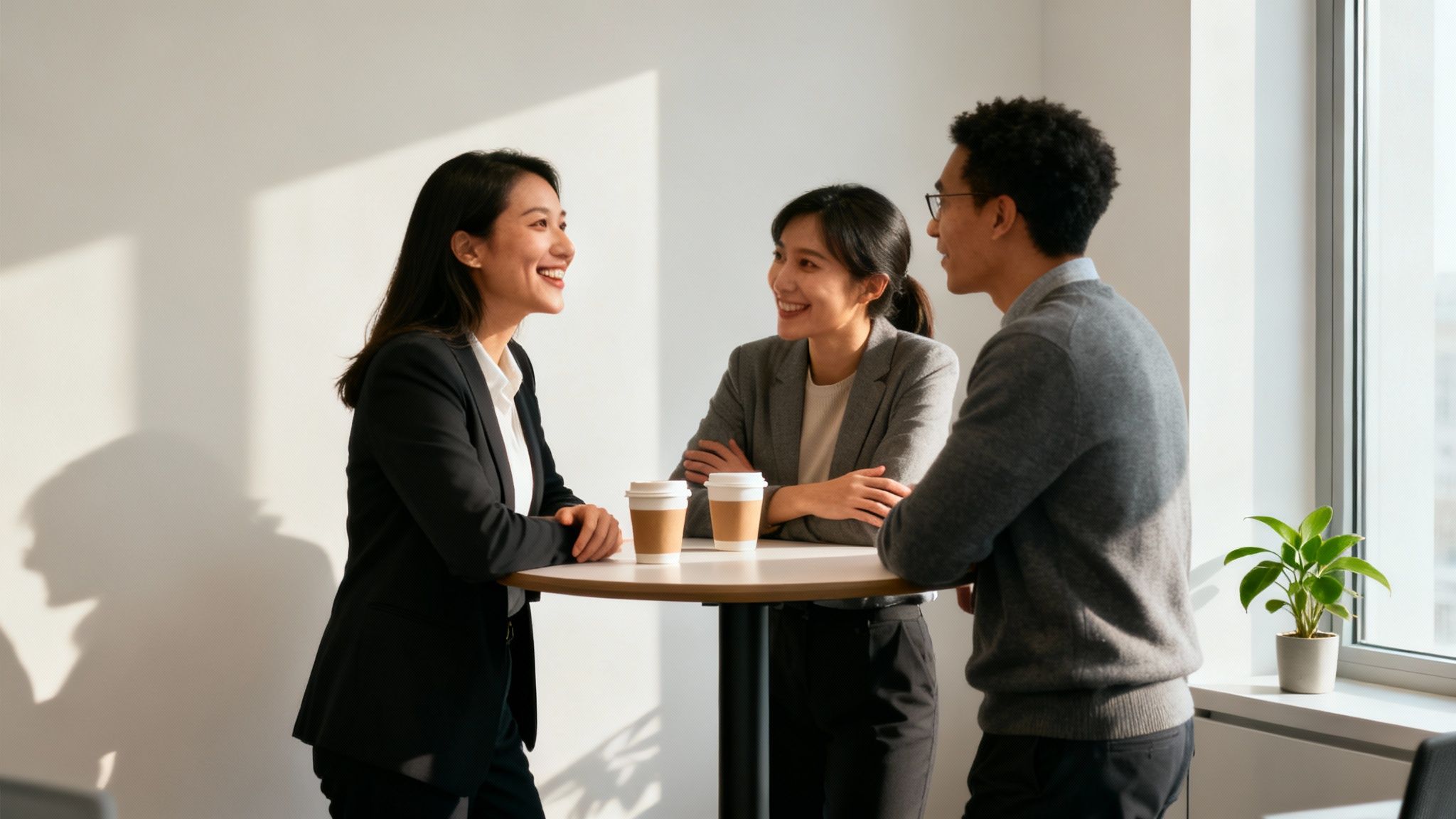 Two colleagues having a supportive conversation over coffee in a relaxed office environment.