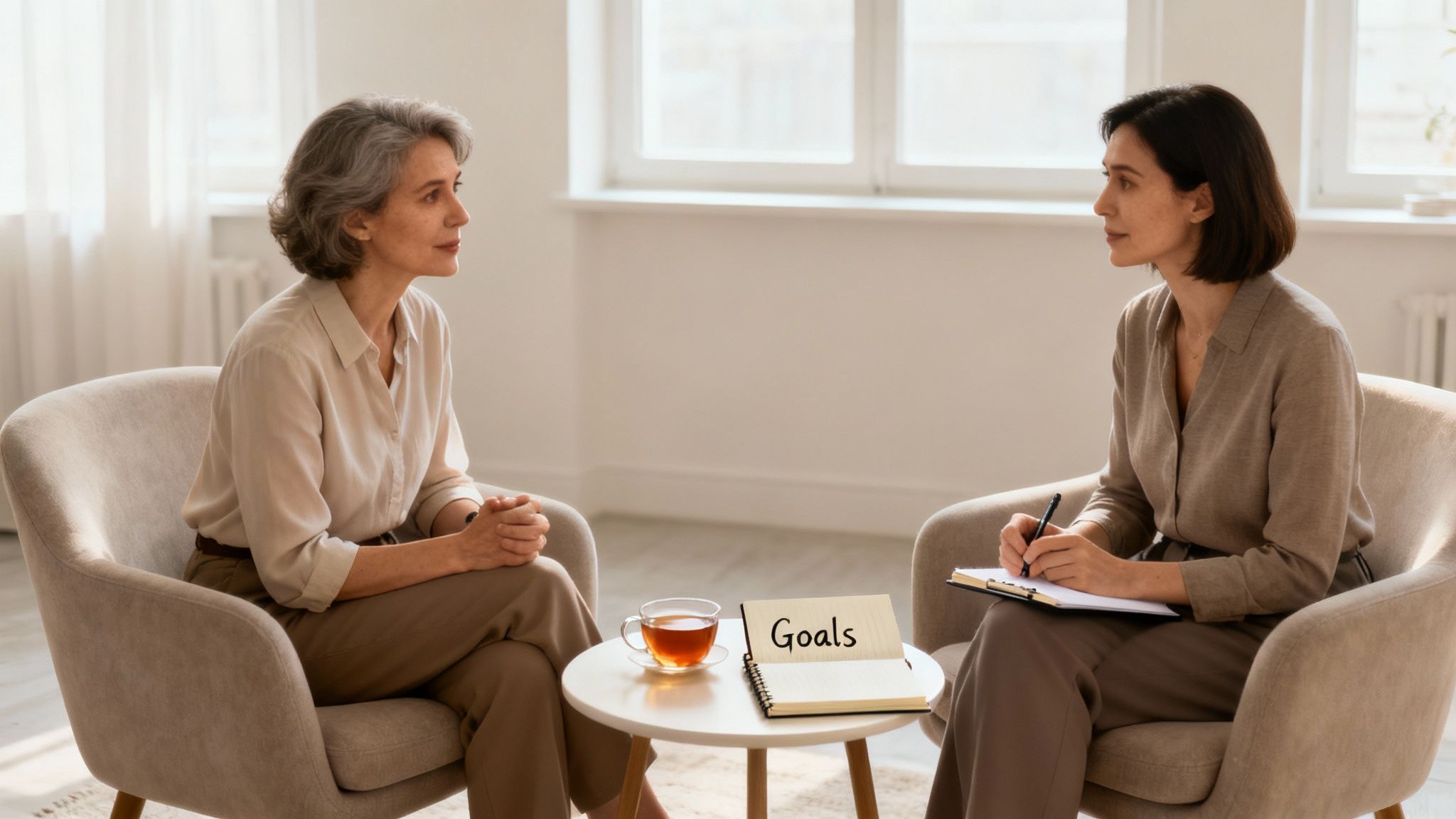 A therapist and client having a productive first session.