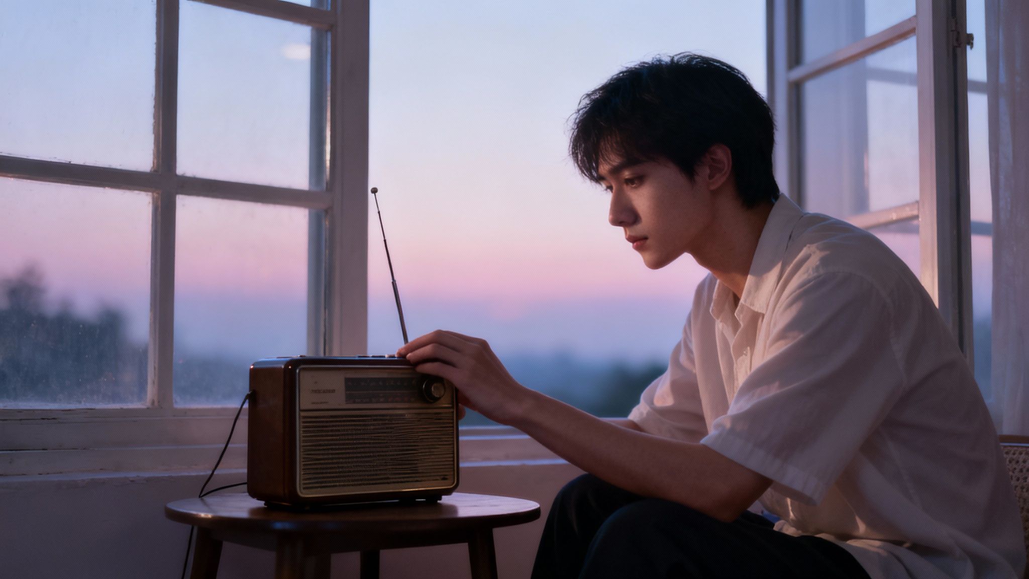 A young man sits by a window, tuning a vintage radio during a beautiful pink sunset.