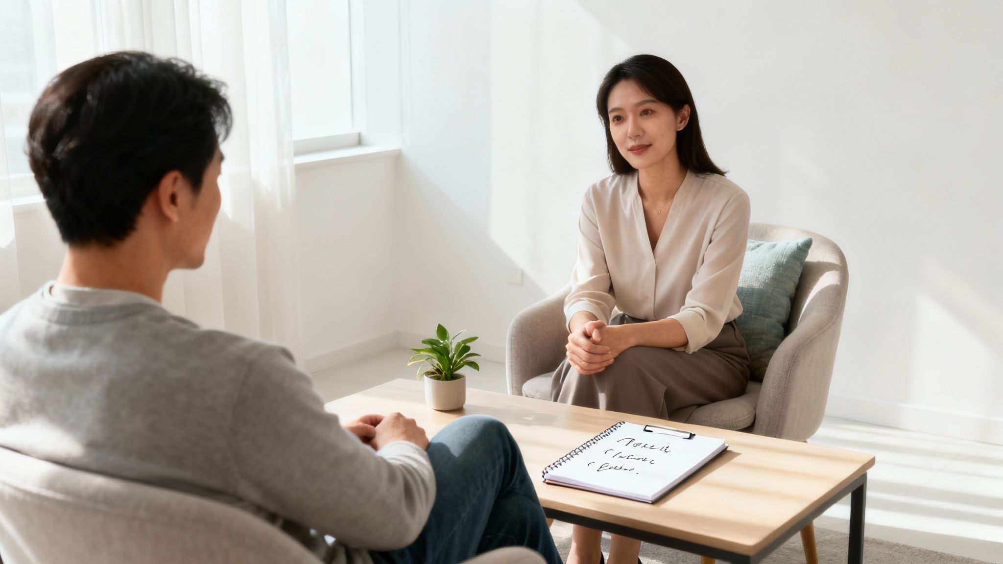 Two people sitting across from each other in a calm, welcoming room, having a warm and empathetic conversation.