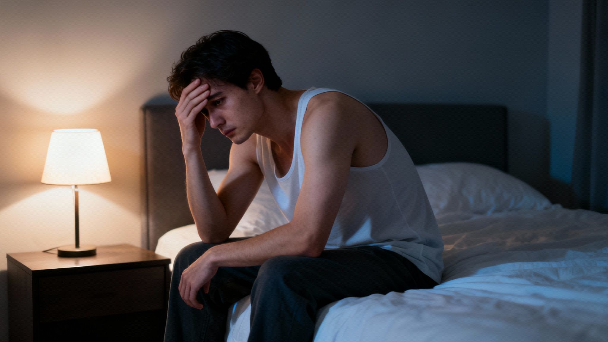 A distressed man sits on a bed in a dimly lit room, hand on his forehead.
