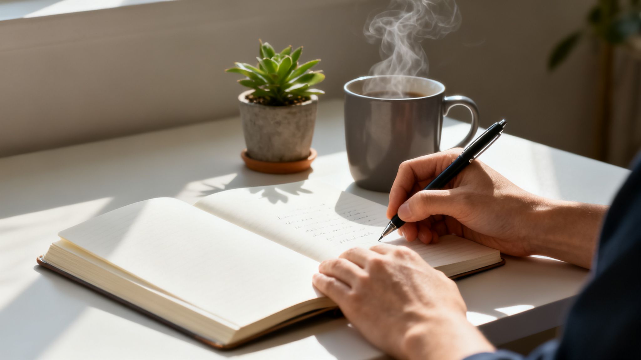 Person writing notes in a journal with a pen, steaming coffee, and a plant on a sunlit desk.