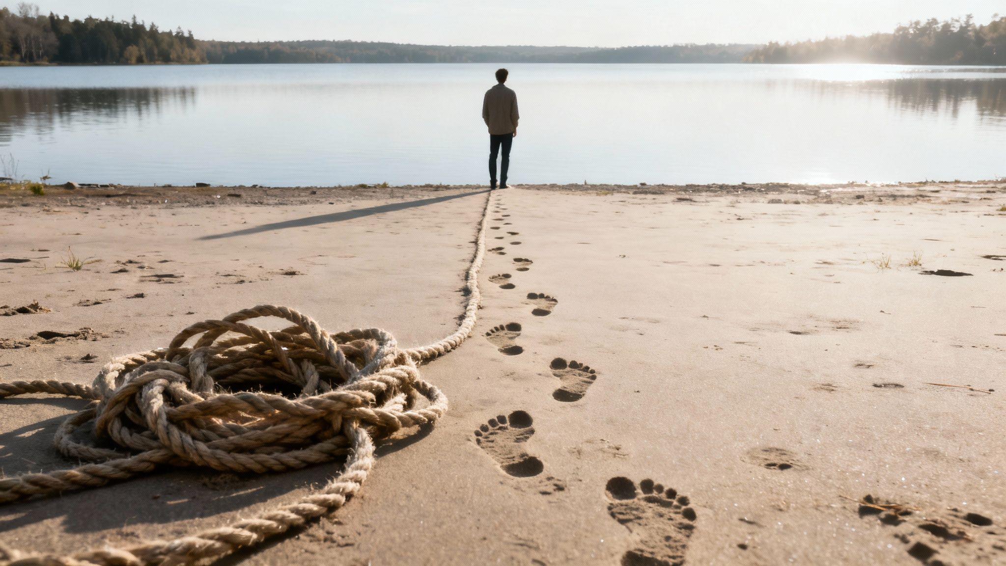 Footprints and a long rope lead across a sandy beach to a person by a calm lake.