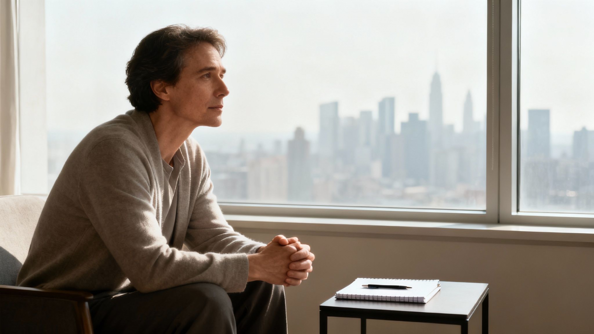 A person sitting calmly on a windowsill, looking out at a peaceful city view, representing a moment of quiet reflection.