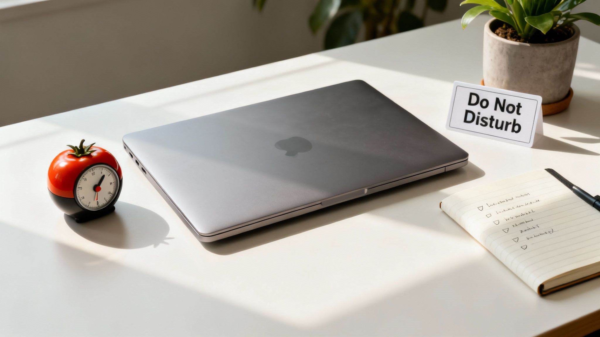 A person at their desk taking a mindful break, looking away from their screen and stretching, with a calm and focused expression.
