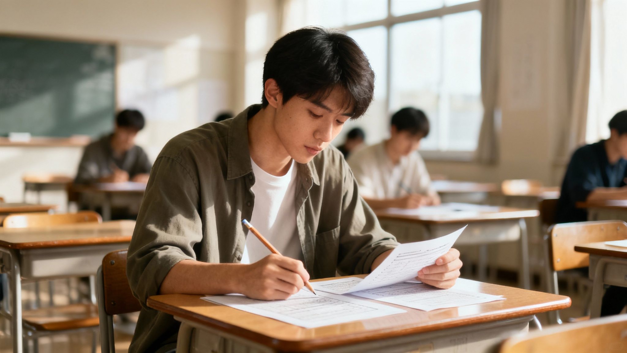 Asian student concentrating on exam paper while writing answers in bright classroom setting