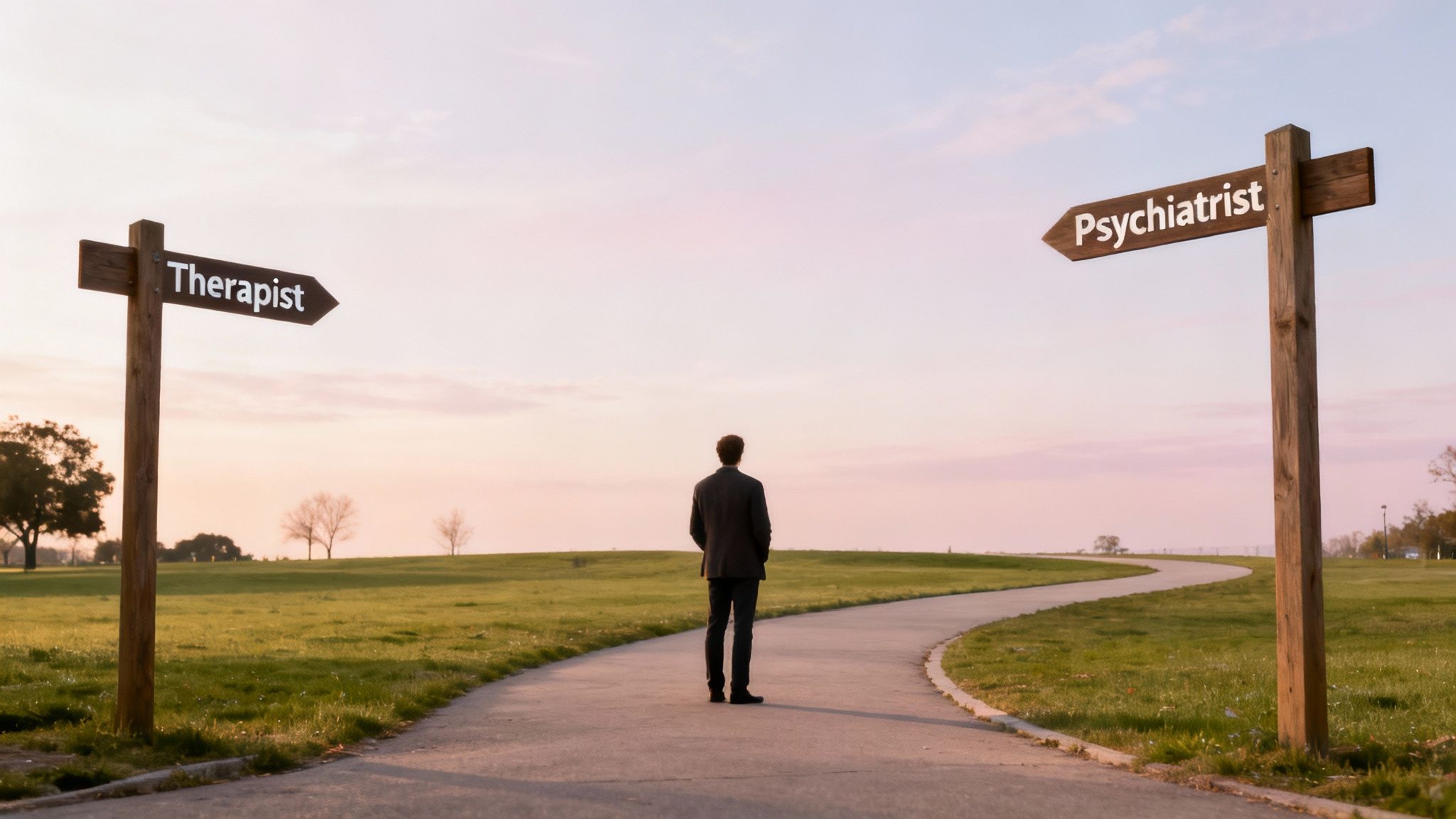 A man stands at a fork in a path, facing signs pointing to 'Therapist' and 'Psychiatrist'.
