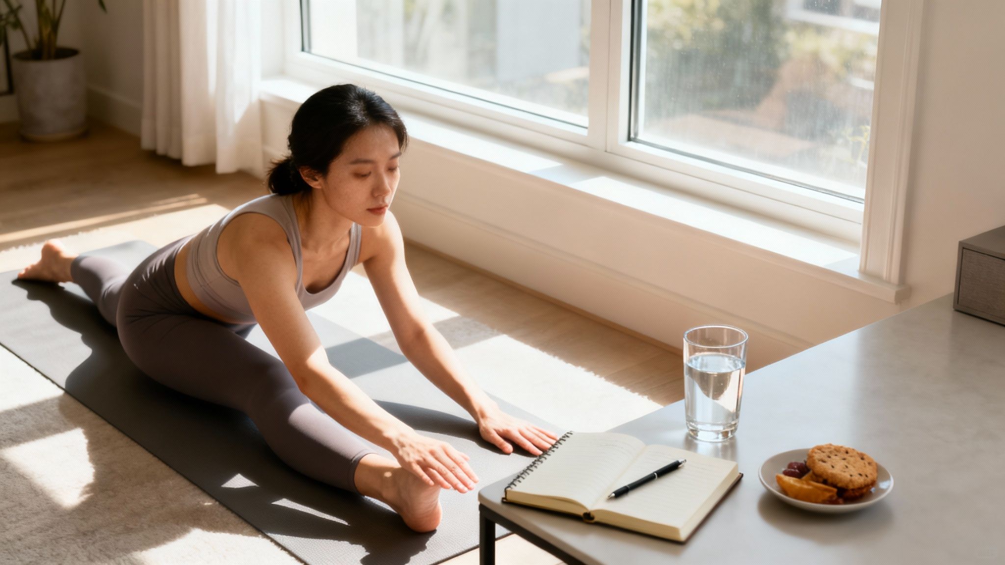 A person practicing yoga on a mat in a brightly lit room, signifying the connection between physical and mental well-being.
