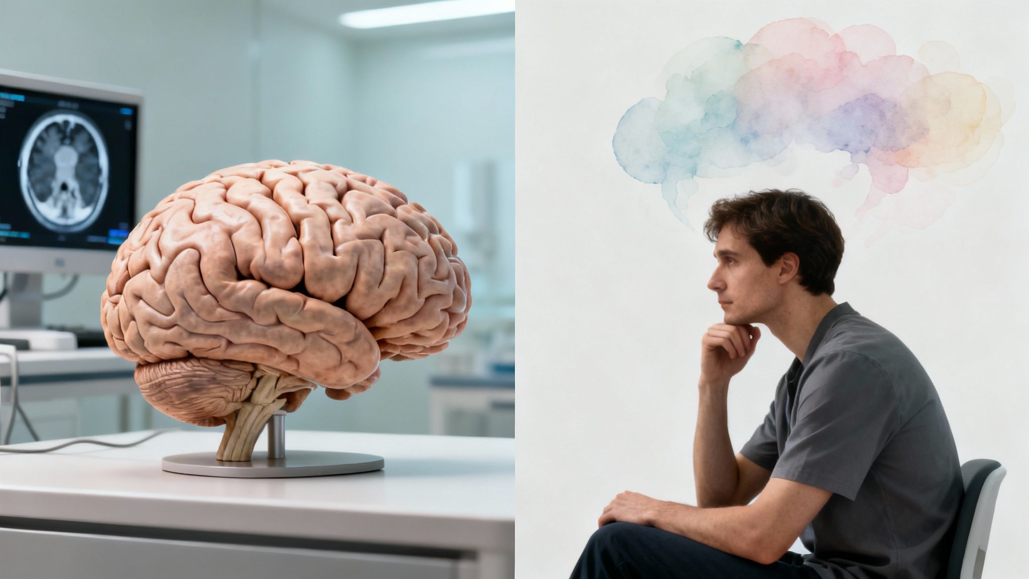 A human brain model in a medical setting and a man pondering with colorful thought bubbles.