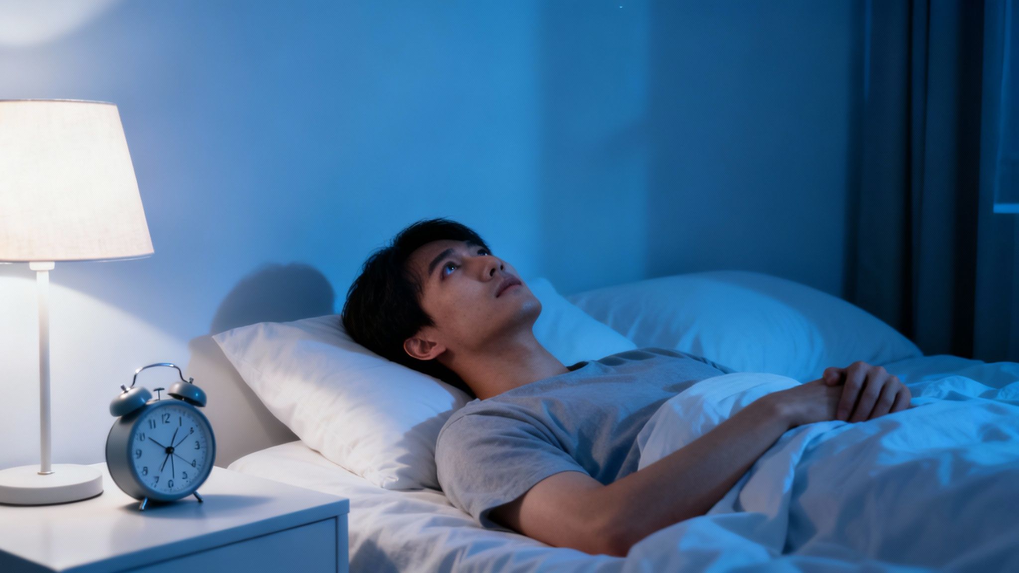 A young man lies awake in bed at night, unable to sleep, looking up at the ceiling.