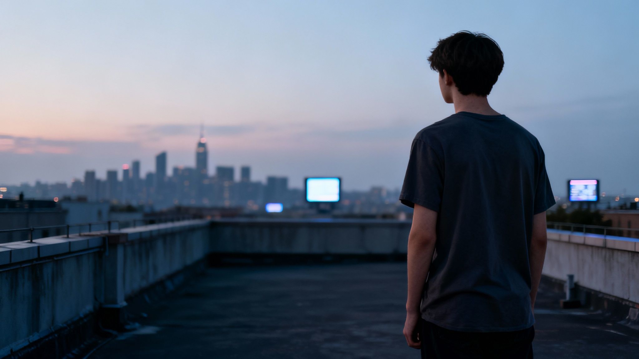 From a rooftop, a young man views the city skyline and illuminated buildings at twilight.