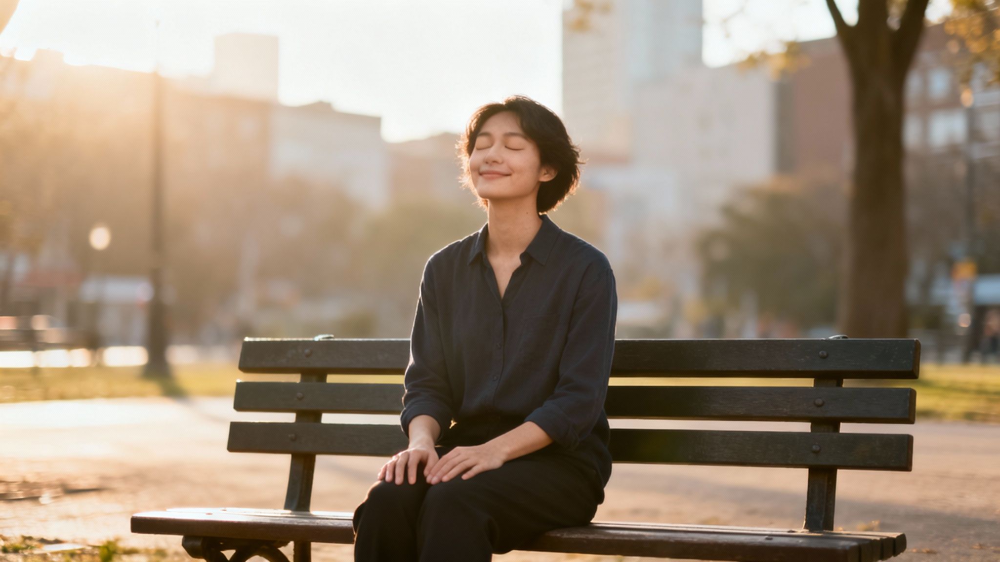 A young person sits on a park bench, eyes closed, smiling peacefully in warm sunlight.