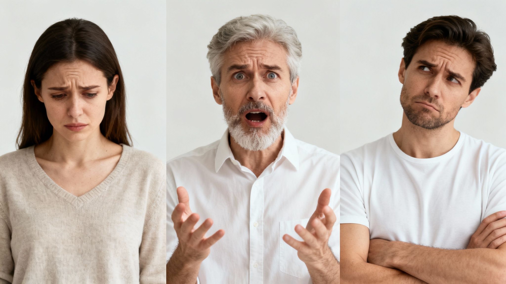 Three diverse individuals expressing negative emotions: a sad woman, an angry man, and a confused man.