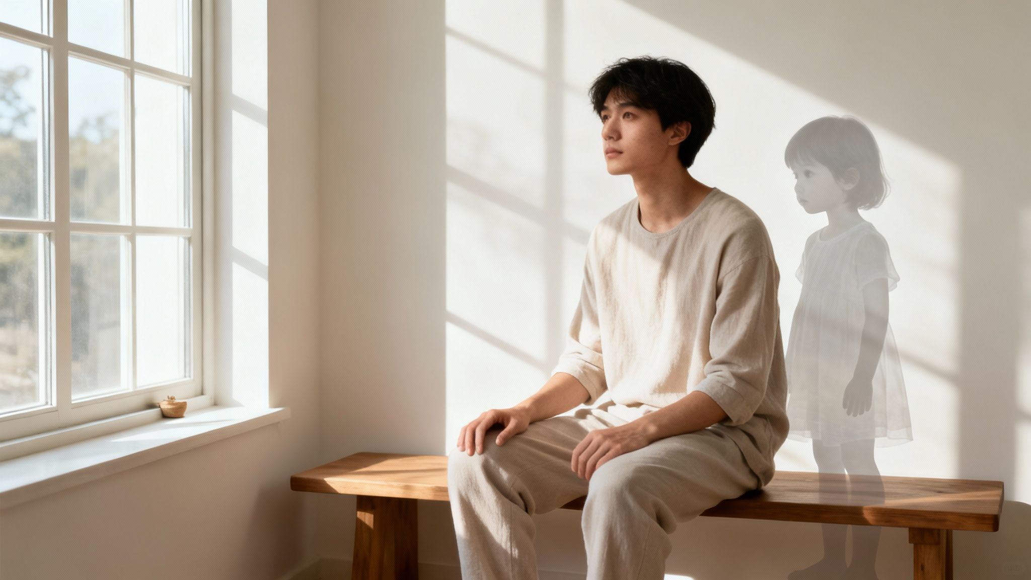 A pensive young man sits on a bench, looking out a window, with a faint child's image nearby.