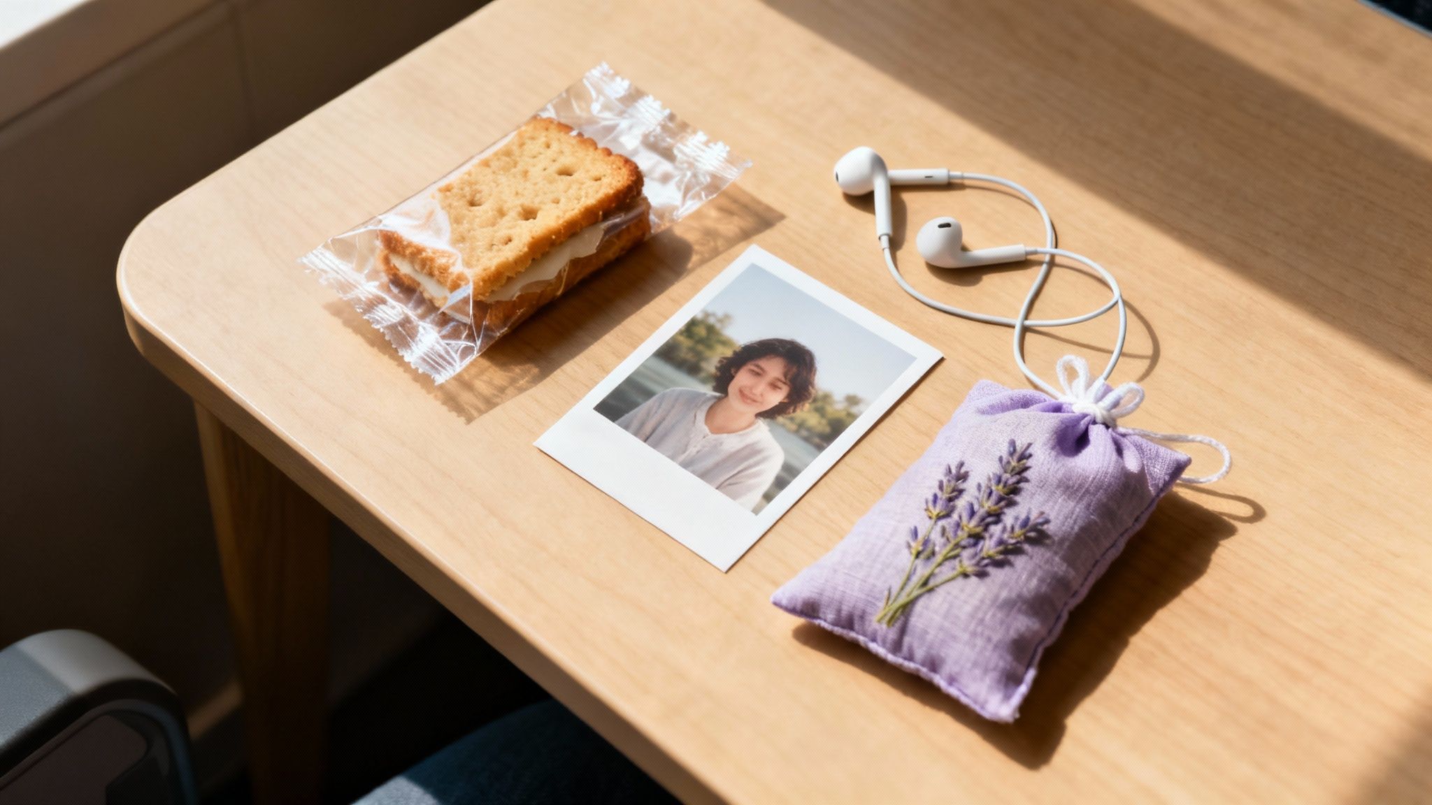 Items for comfort: a snack, photo, headphones, and lavender sachet on a light wood table.