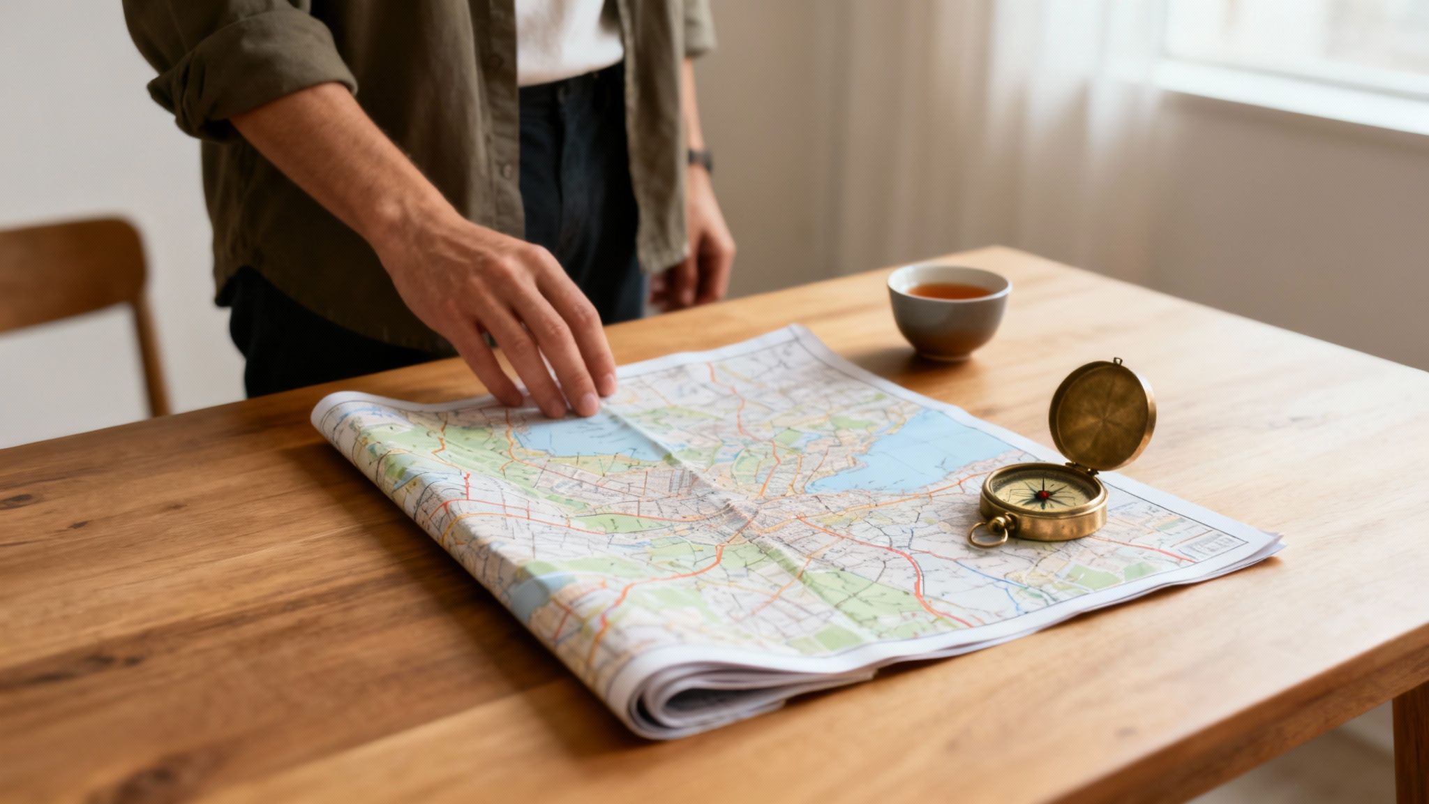 A person's hands reviewing a detailed paper map on a wooden table with a vintage compass and a cup of tea, planning a journey.