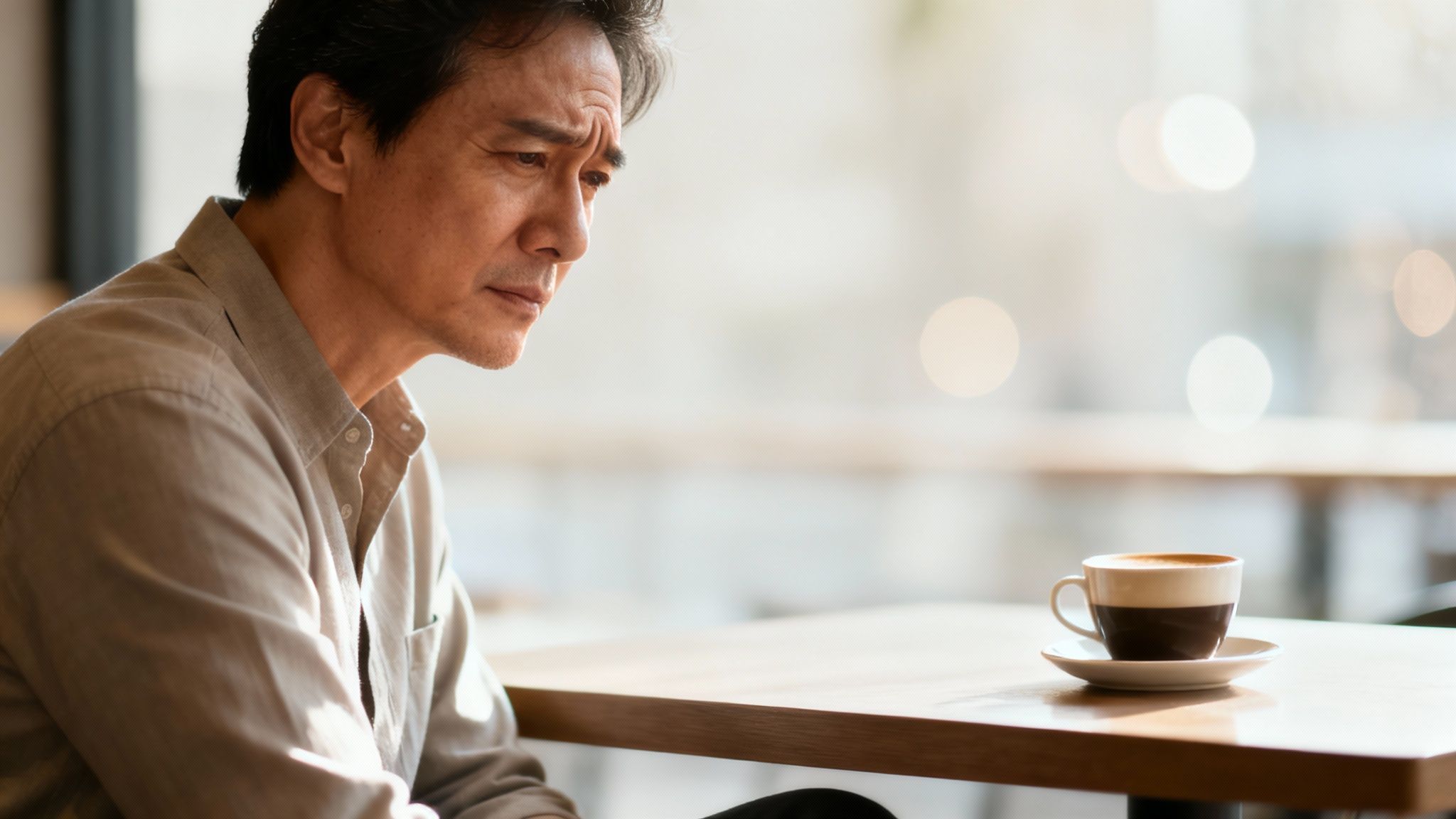 A person sitting alone, looking thoughtful and slightly sad.