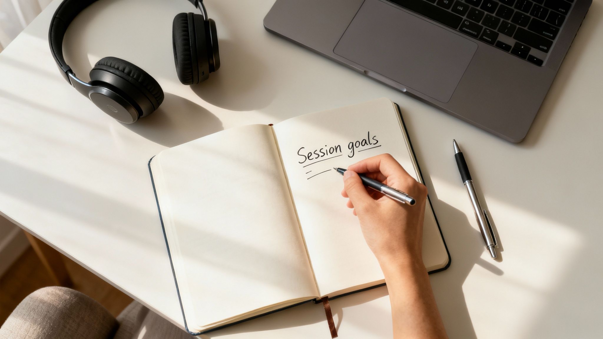 Person writing session goals in notebook with laptop and headphones on white desk