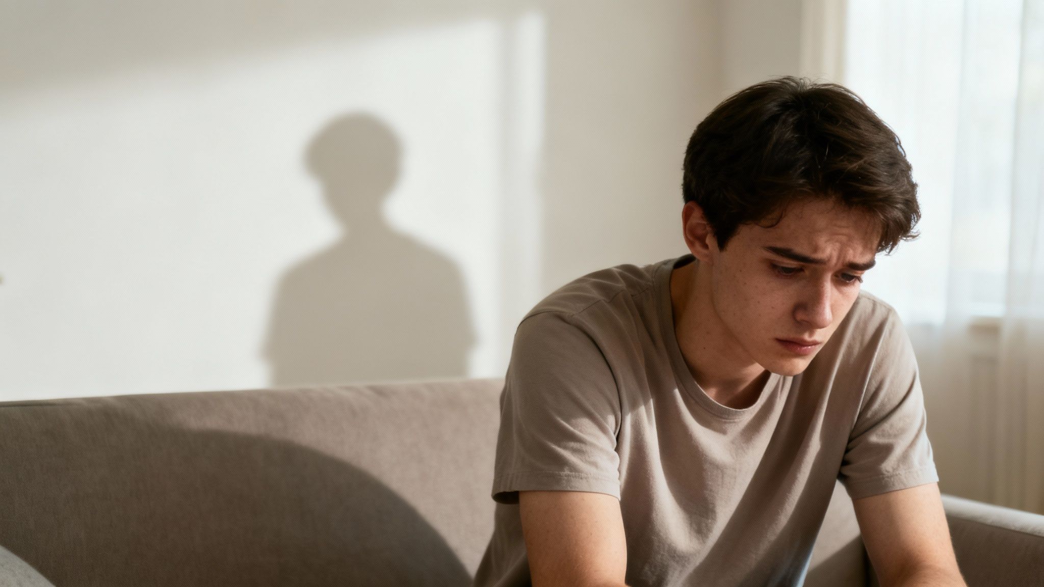 A distressed young man sits alone on a couch, looking down with a somber expression.