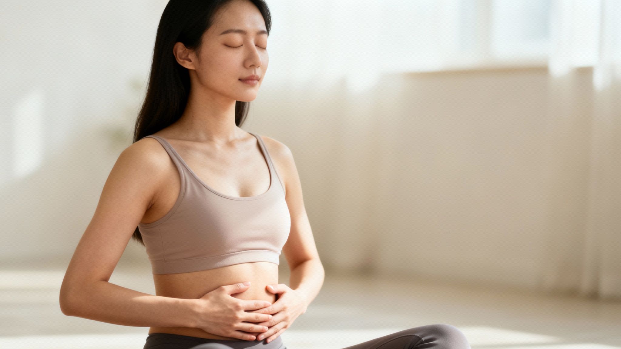 A serene Asian woman meditating with closed eyes, hands on her stomach, practicing deep breathing.