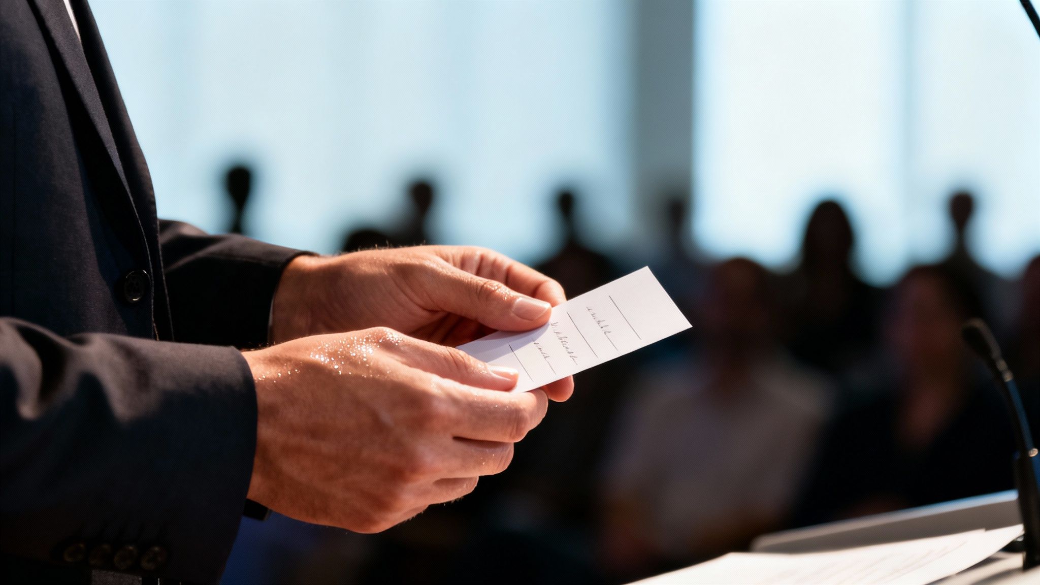 Close-up of a person's sweaty hands holding a small note with text during a public speech.