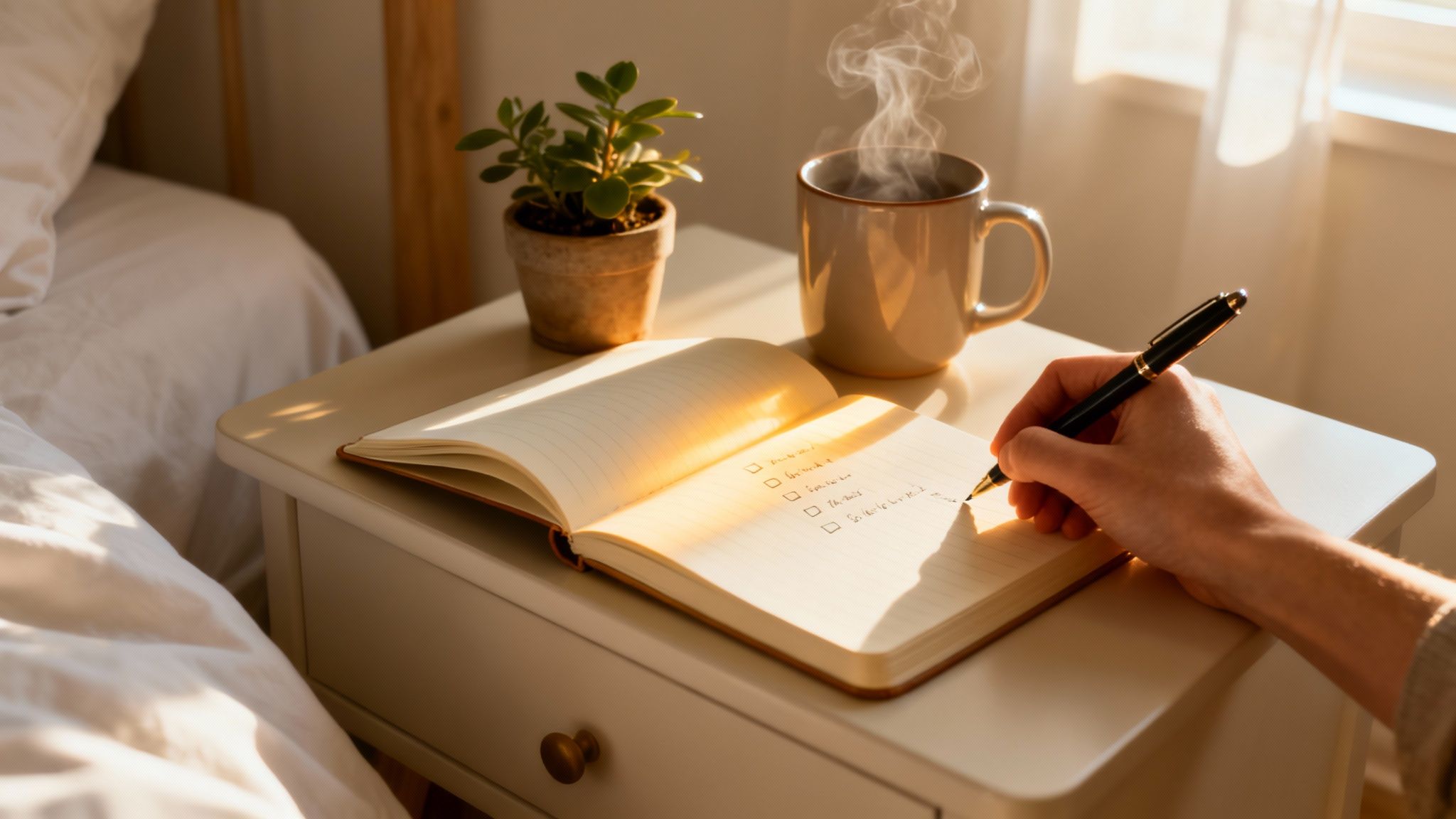 Person writing a checklist in a notebook on a bedside table with a steaming coffee mug and plant.