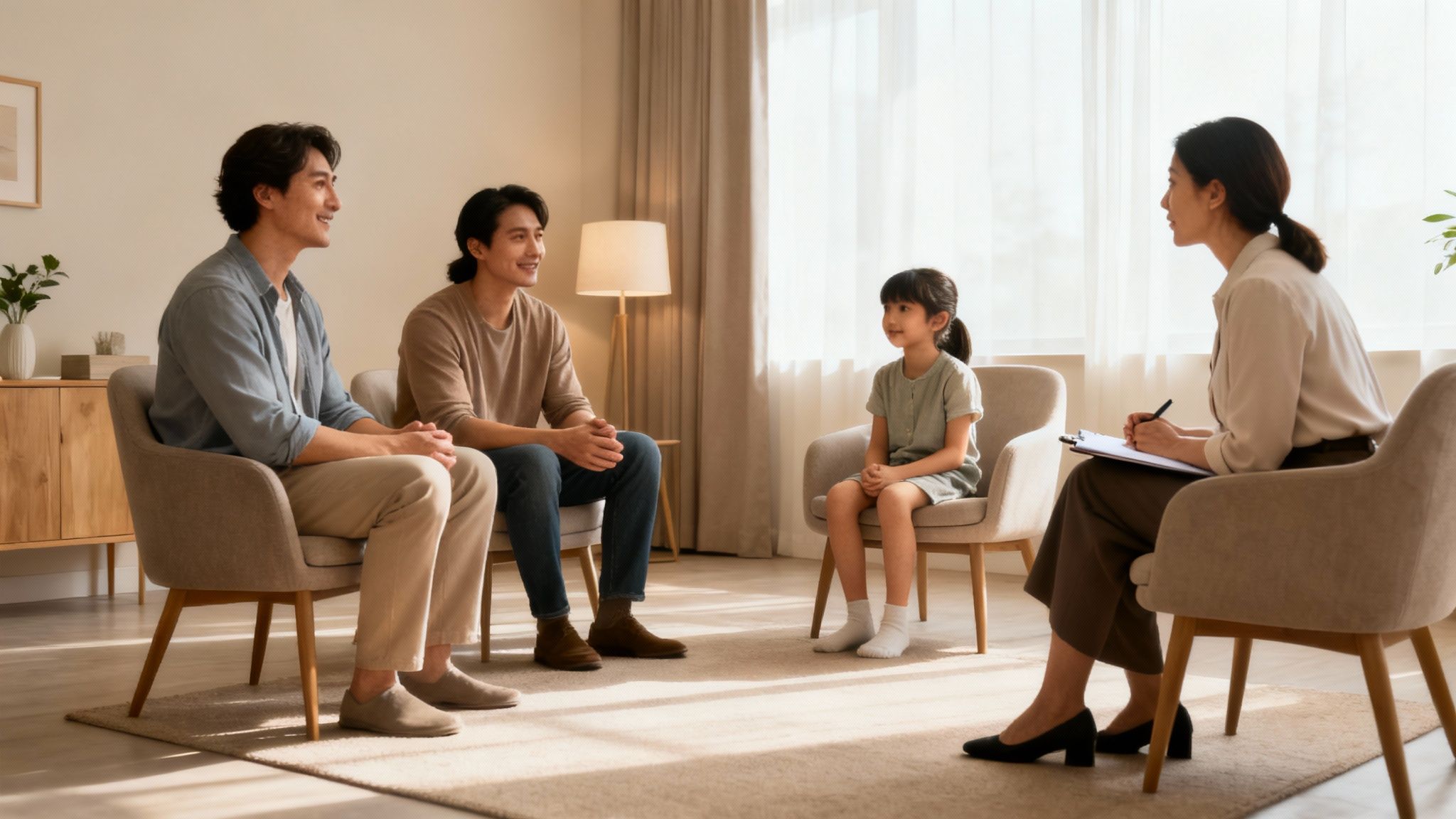 A diverse family, two men and a young girl, engaged in a therapy session with a female counselor.