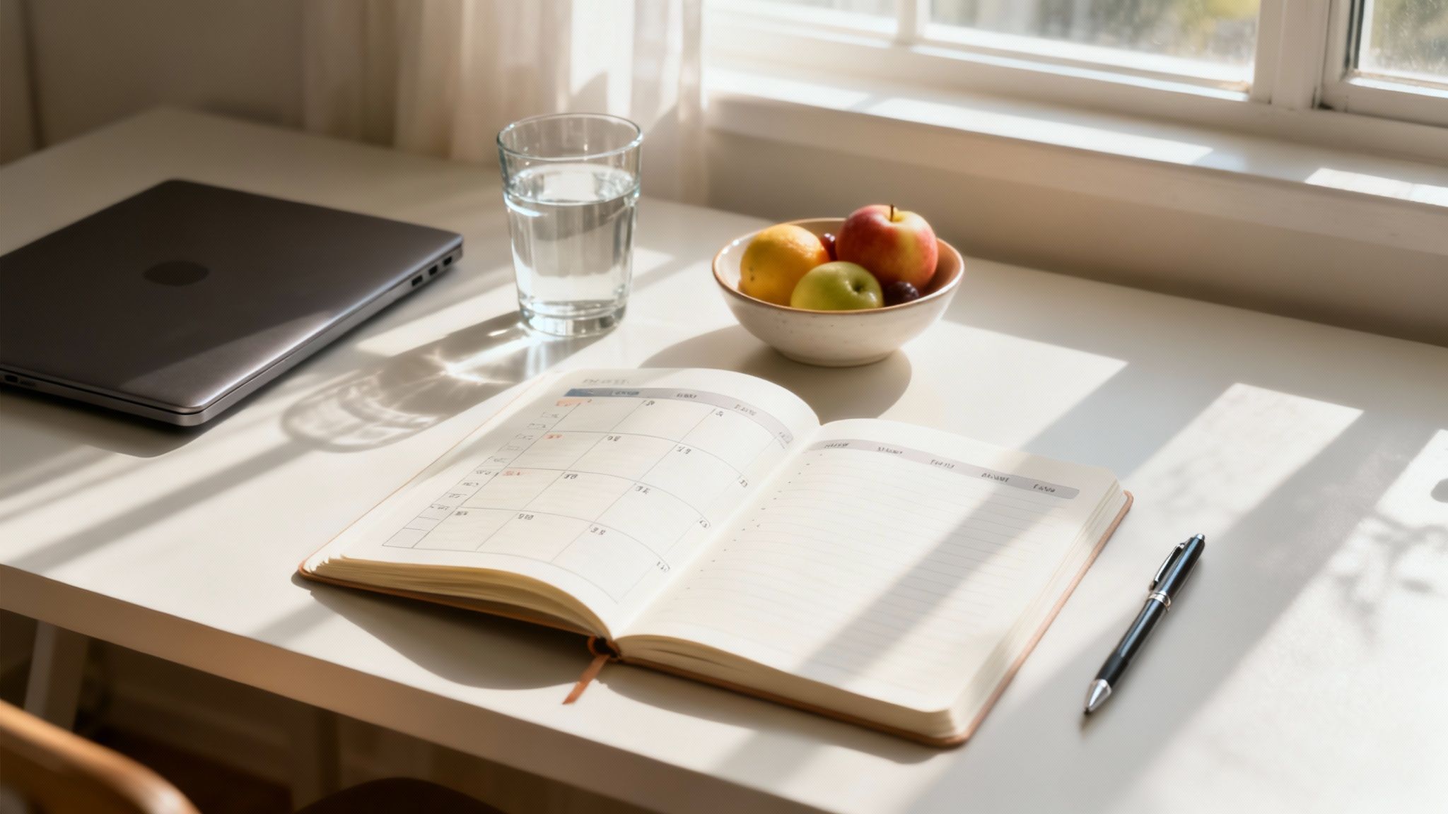 Organized desk with open planner, laptop, water glass, and fruit bowl in sunlight
