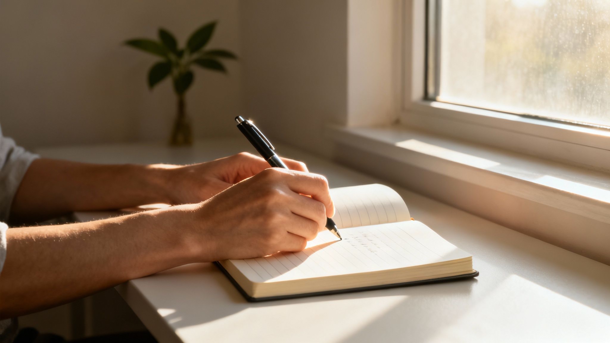 A person journaling in a calm, sunlit room, focusing on self-reflection.