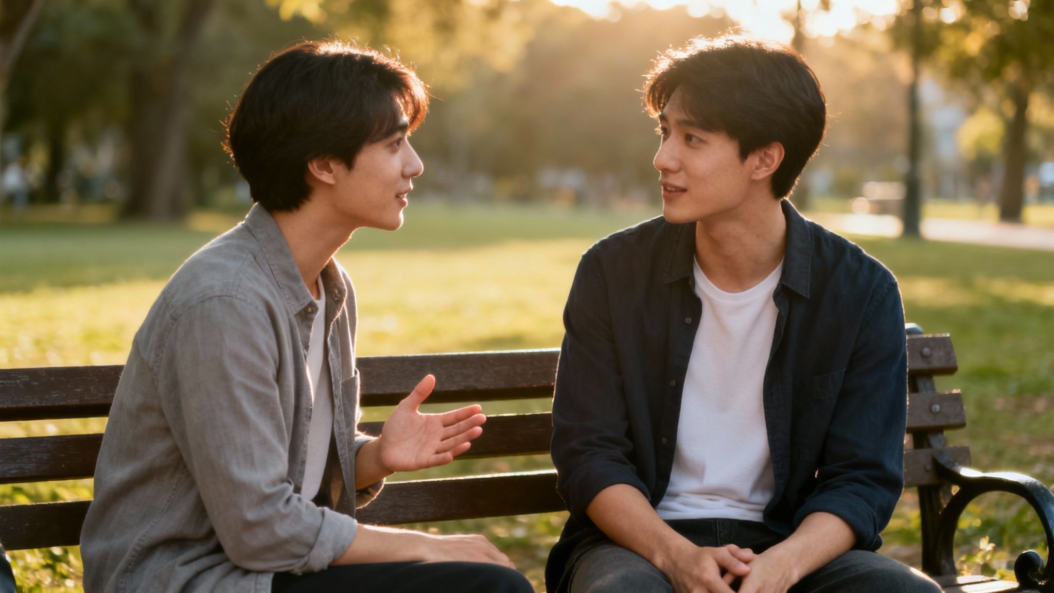 Two young men having a heartfelt conversation on a park bench during golden hour.