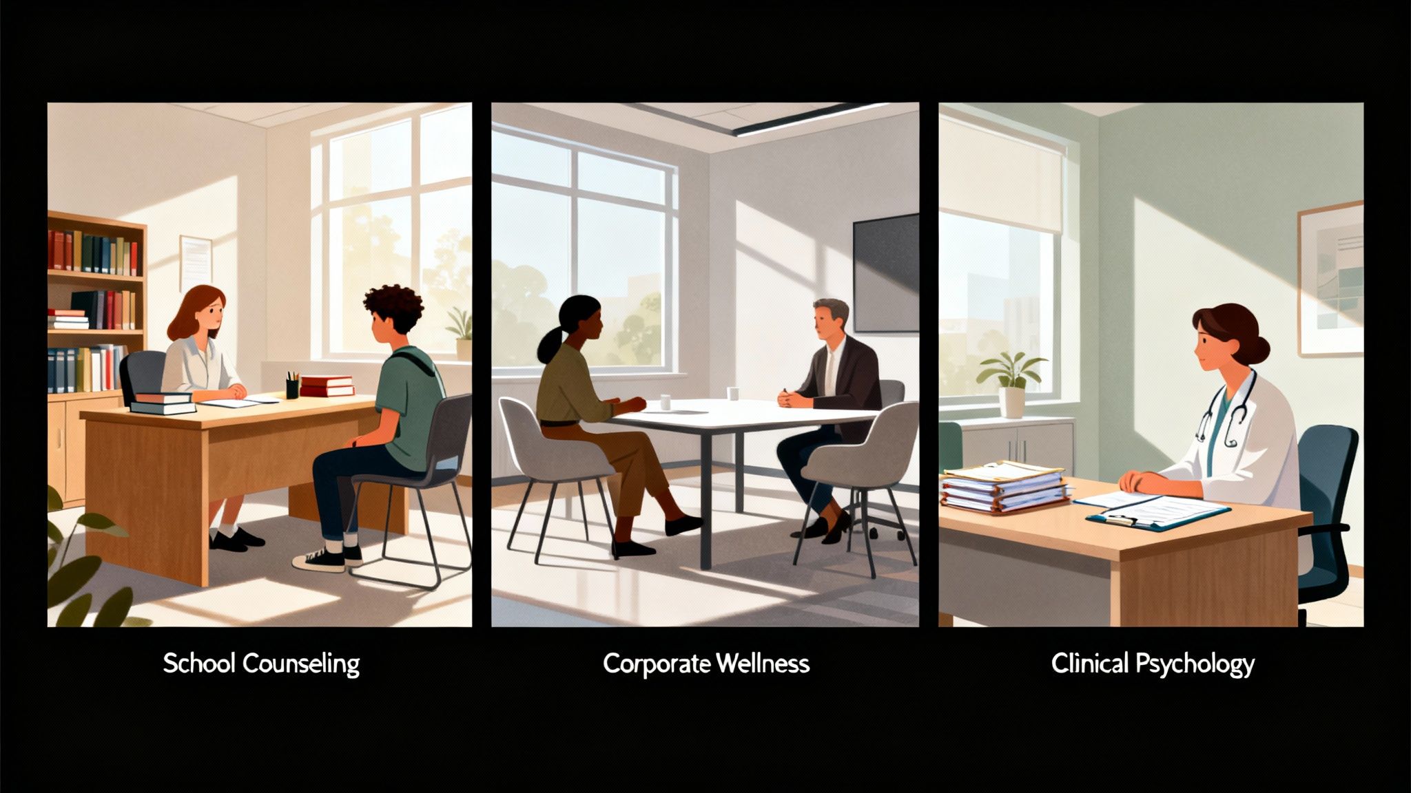 Illustrations showing people in different professional counseling and psychology settings: school, corporate, and clinical.