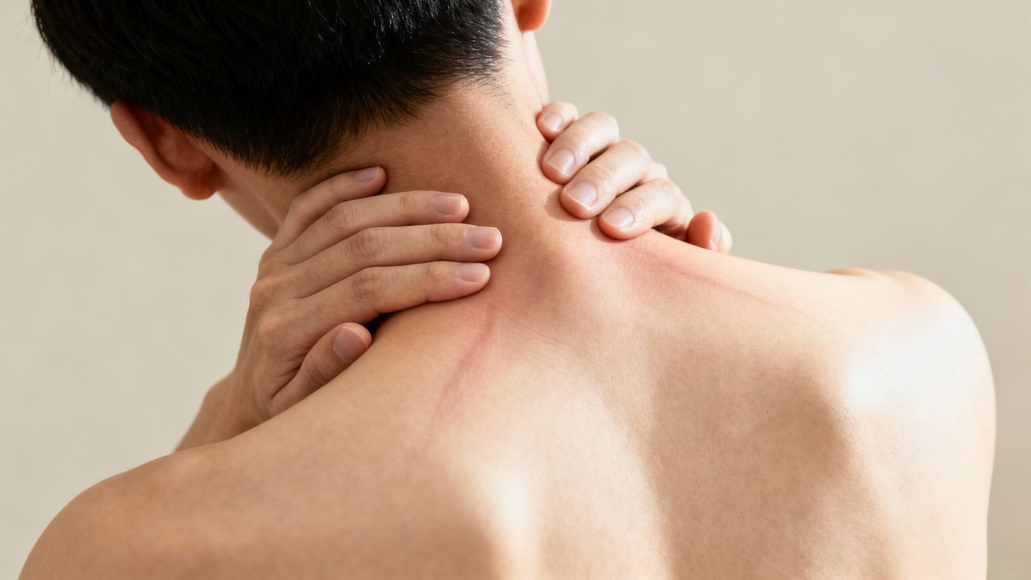 A person is massaging their neck and upper back, revealing red irritation marks on the skin.