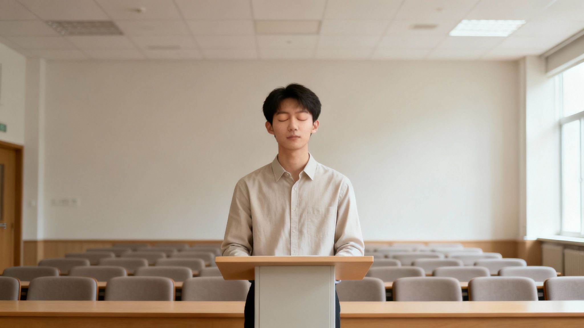 A young Asian man with closed eyes stands at a podium in an empty lecture hall, meditating.