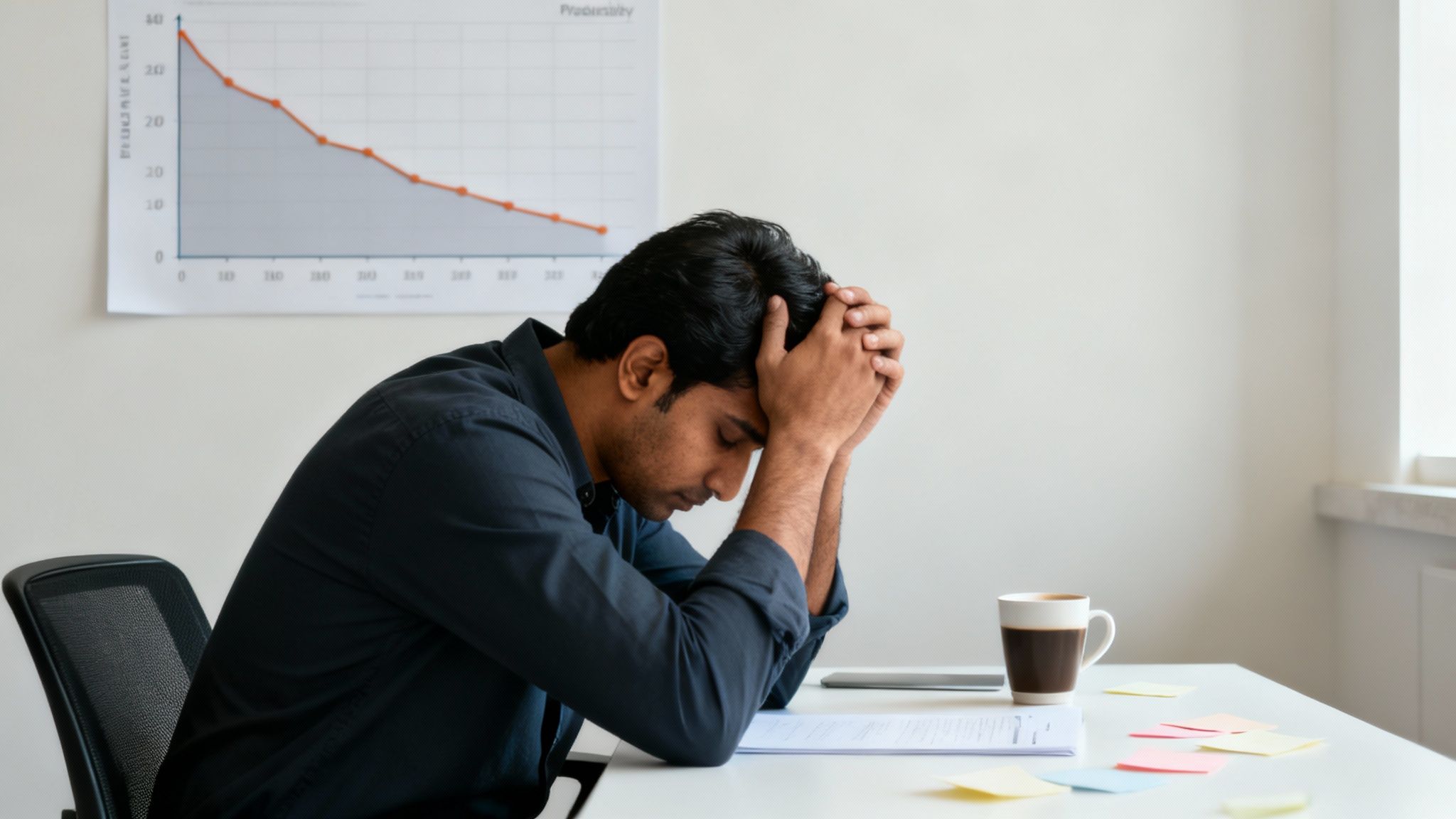 A person sitting at their desk, looking stressed and holding their head in their hands, with blurred office background.