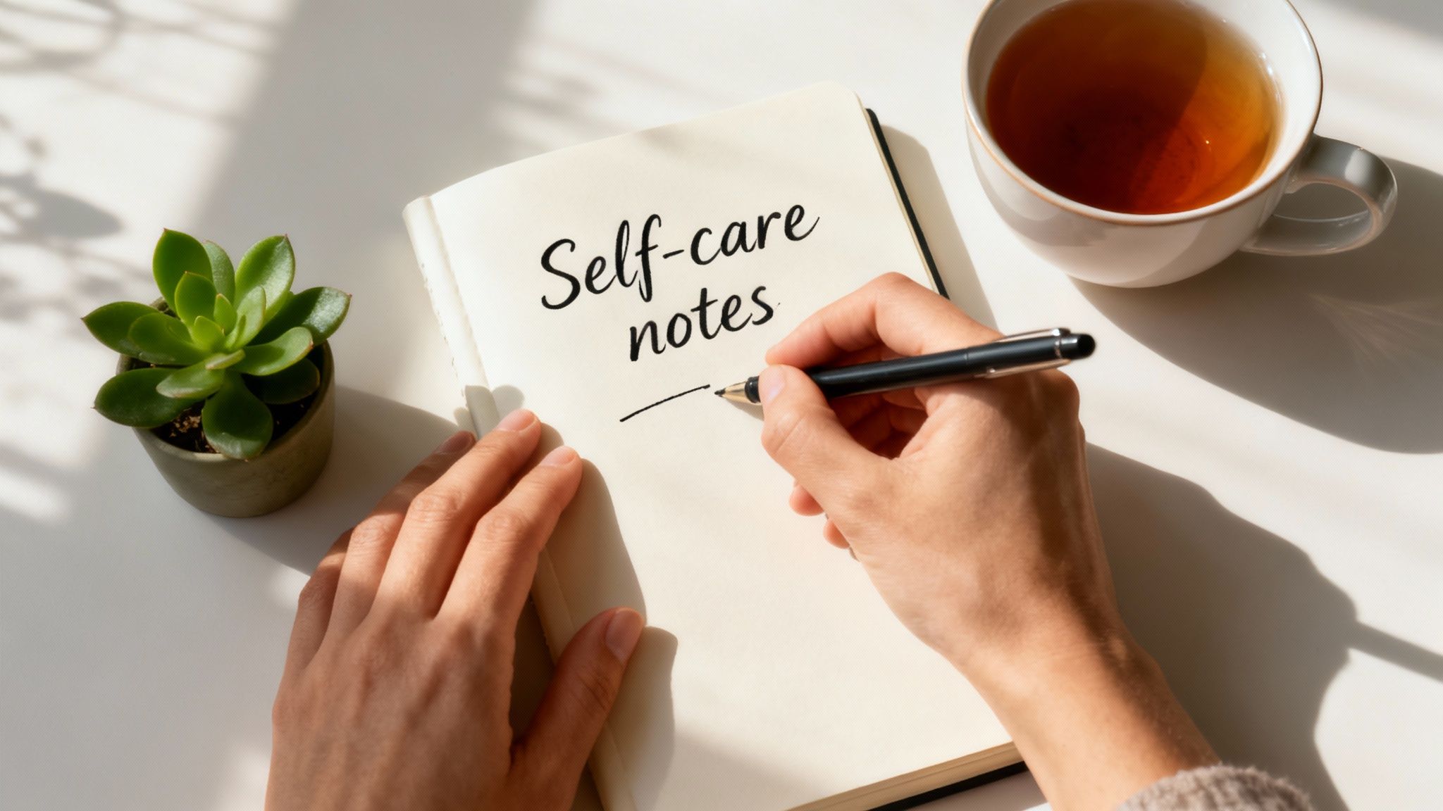 Overhead shot of hands writing 'Self-care notes' in a journal, with a small plant and tea on a sunny table.