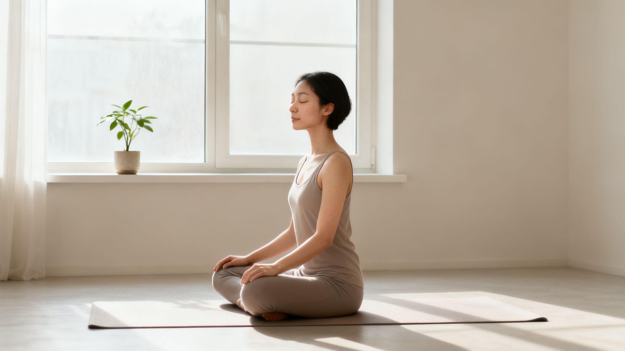 A serene woman meditating in a cross-legged pose on a yoga mat in a bright room.