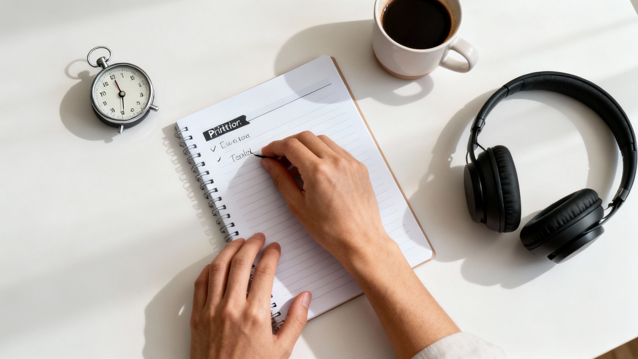 Overhead view of hands writing in a notebook on a desk with a clock, coffee, and headphones.