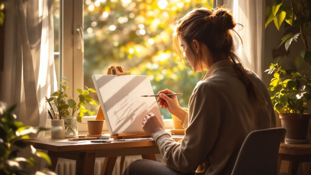 A person journaling in a notebook with a calm, natural background.