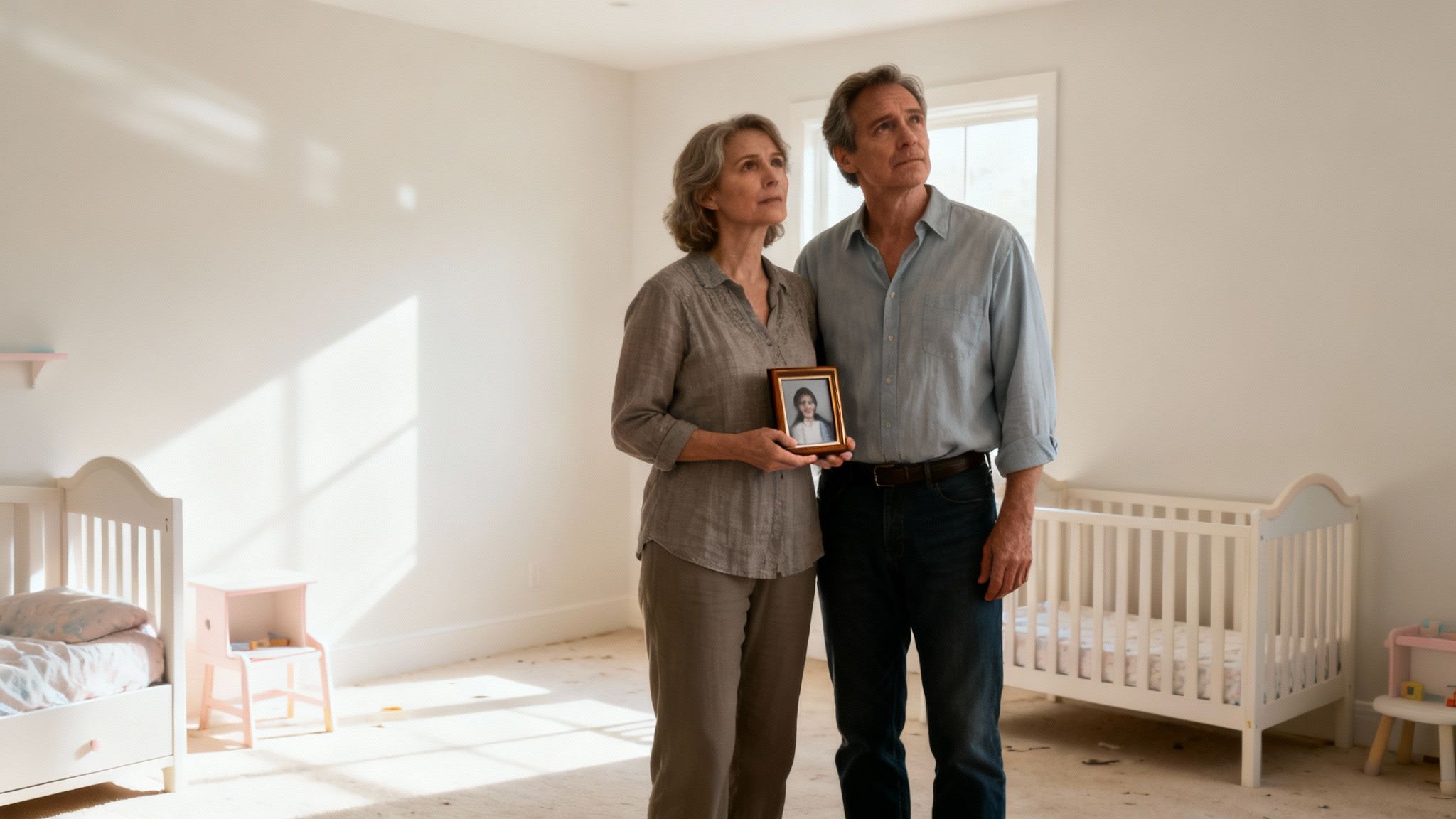 A somber elderly couple in a child's room, holding a framed picture of a young girl, gazing upward.